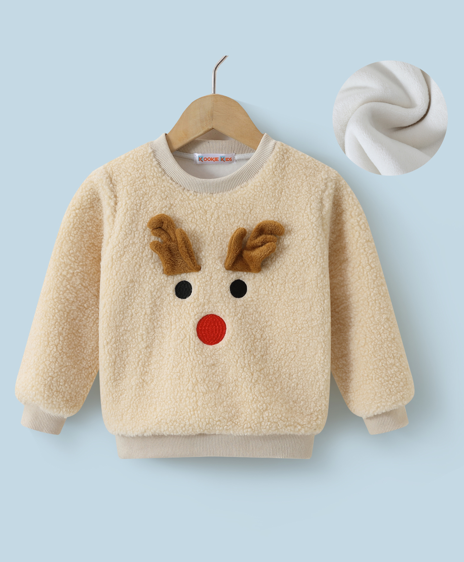 Kookie Kids Full Sleeves Winter T-Shirt With Reindeer Applique -Cream-image-1