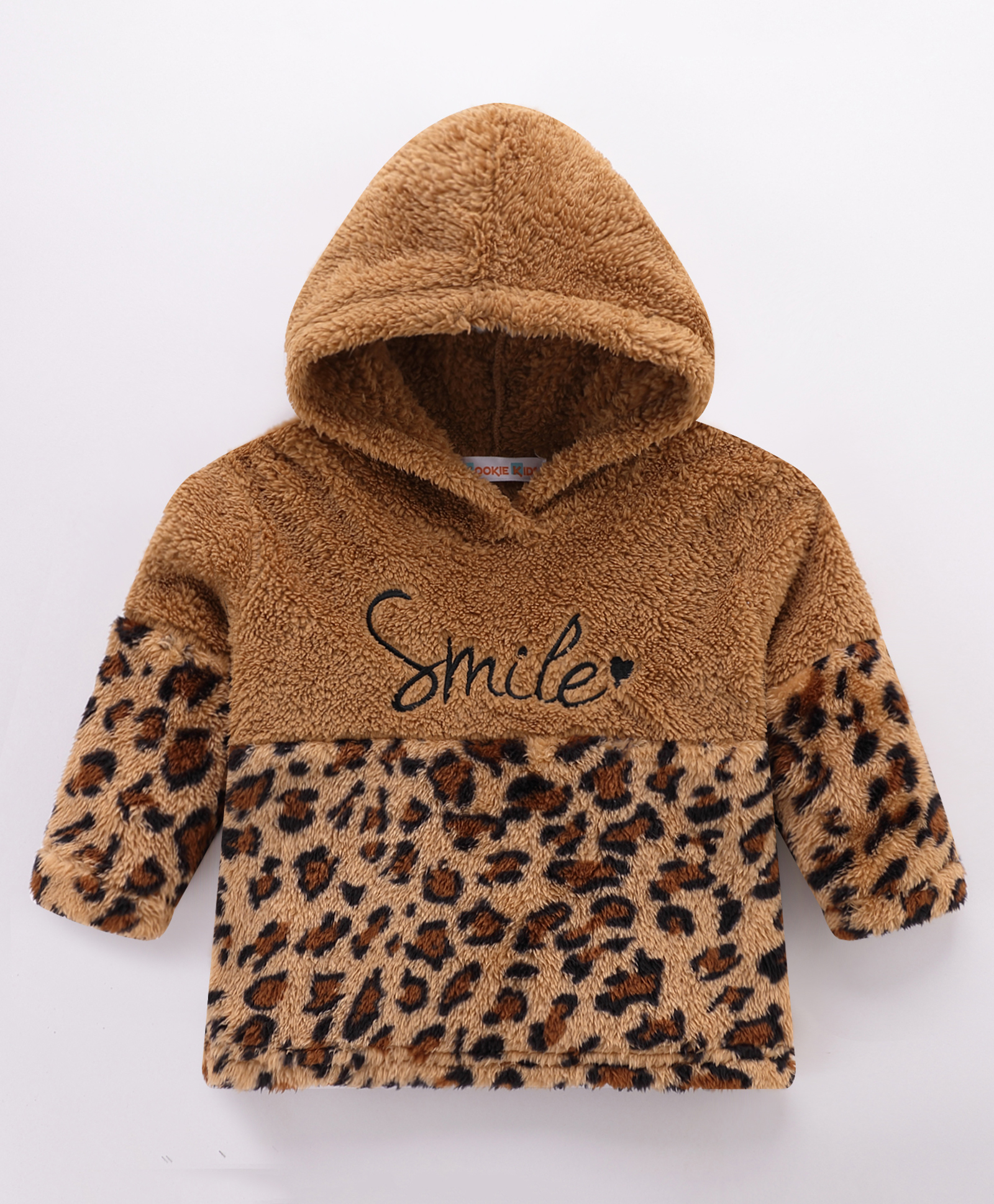 Kookie Kids Full Sleeves Fur Sweatshirt with Cheetah Print Detailing - Brown-image-36