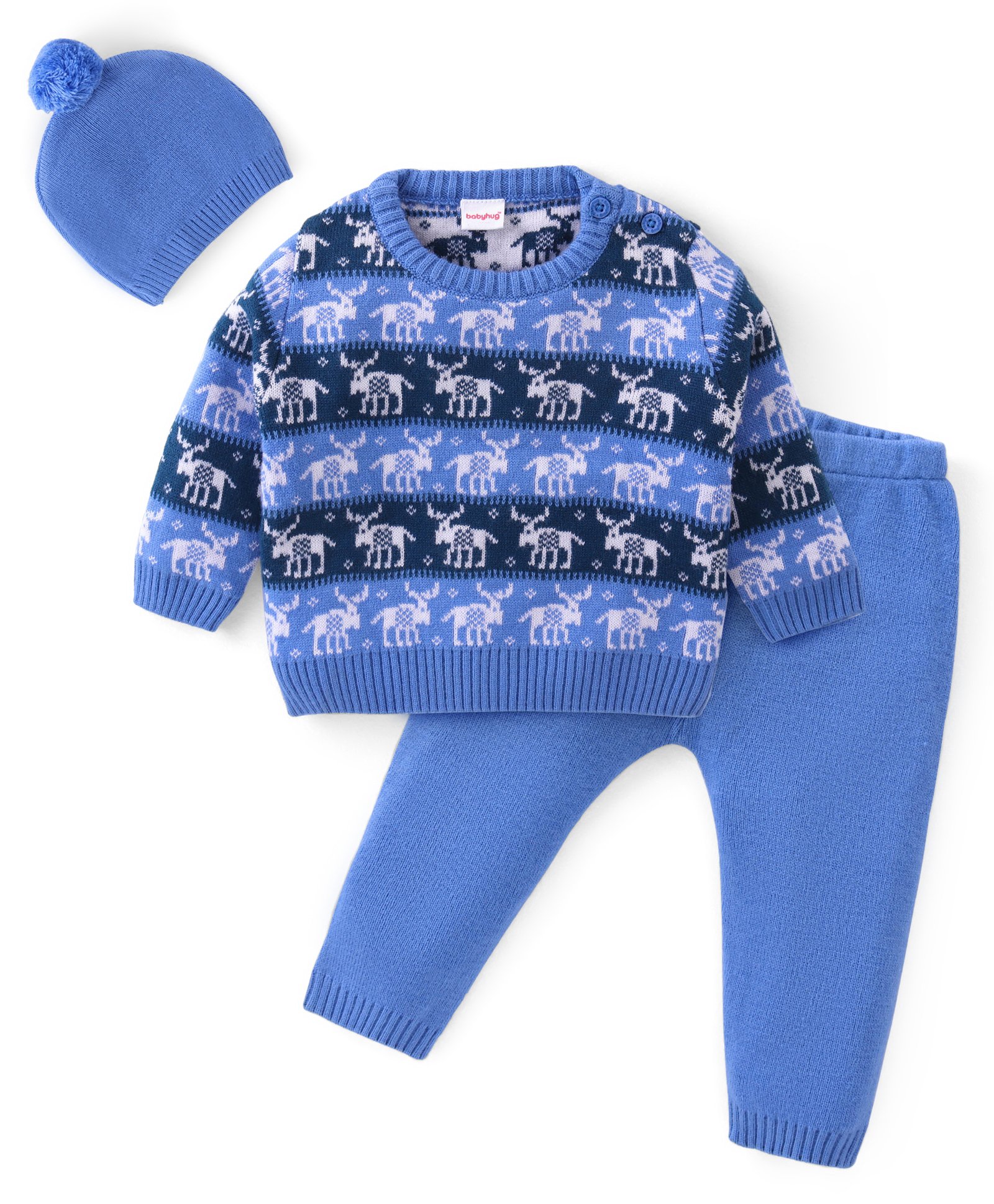 Babyhug Knitted Full Sleeves Pullover Sweater Set with Cap & Reindeer Design - Blue-image-49