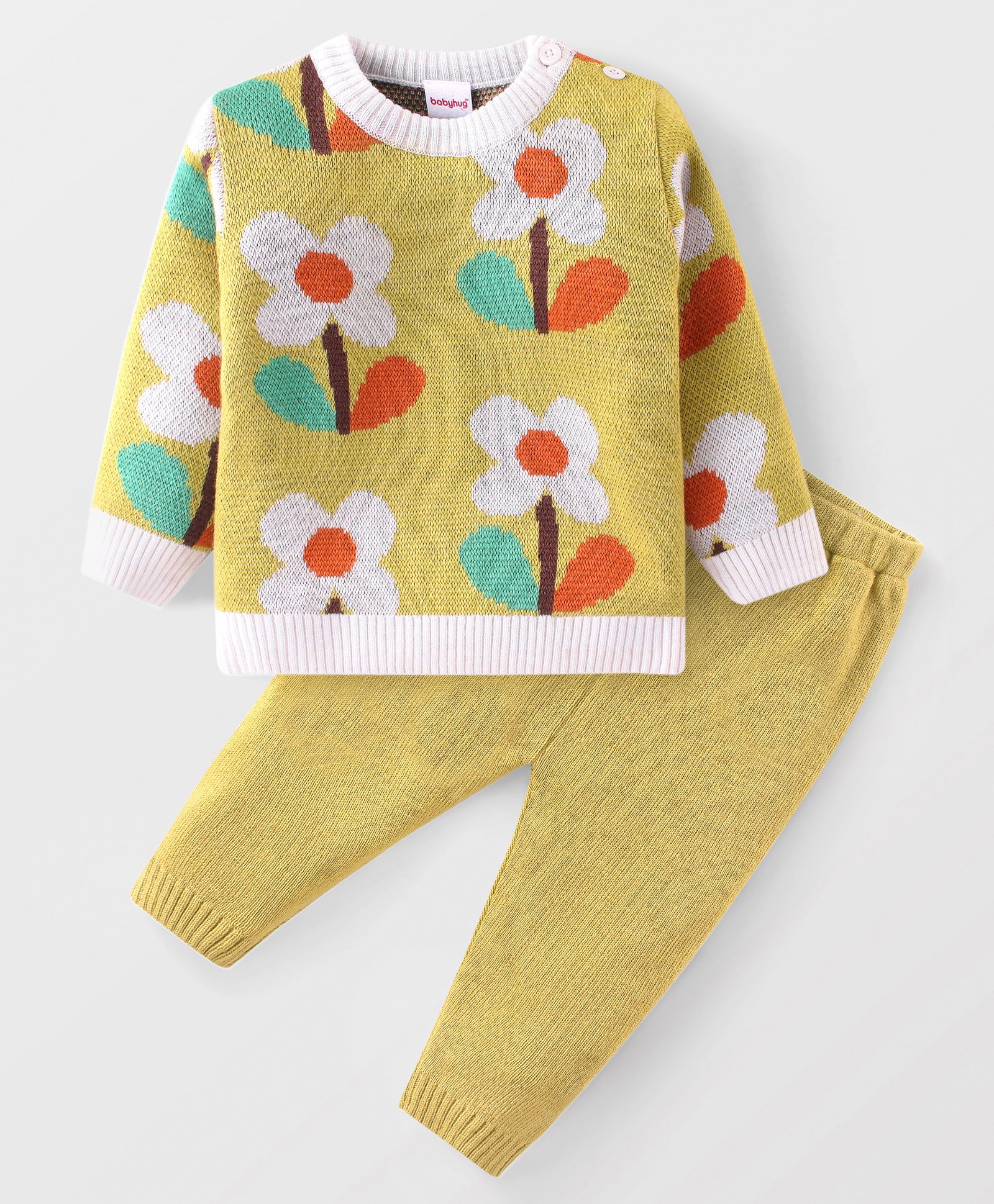 Babyhug Knit Full Sleeves Sweater Set With Floral Design - Multicolor