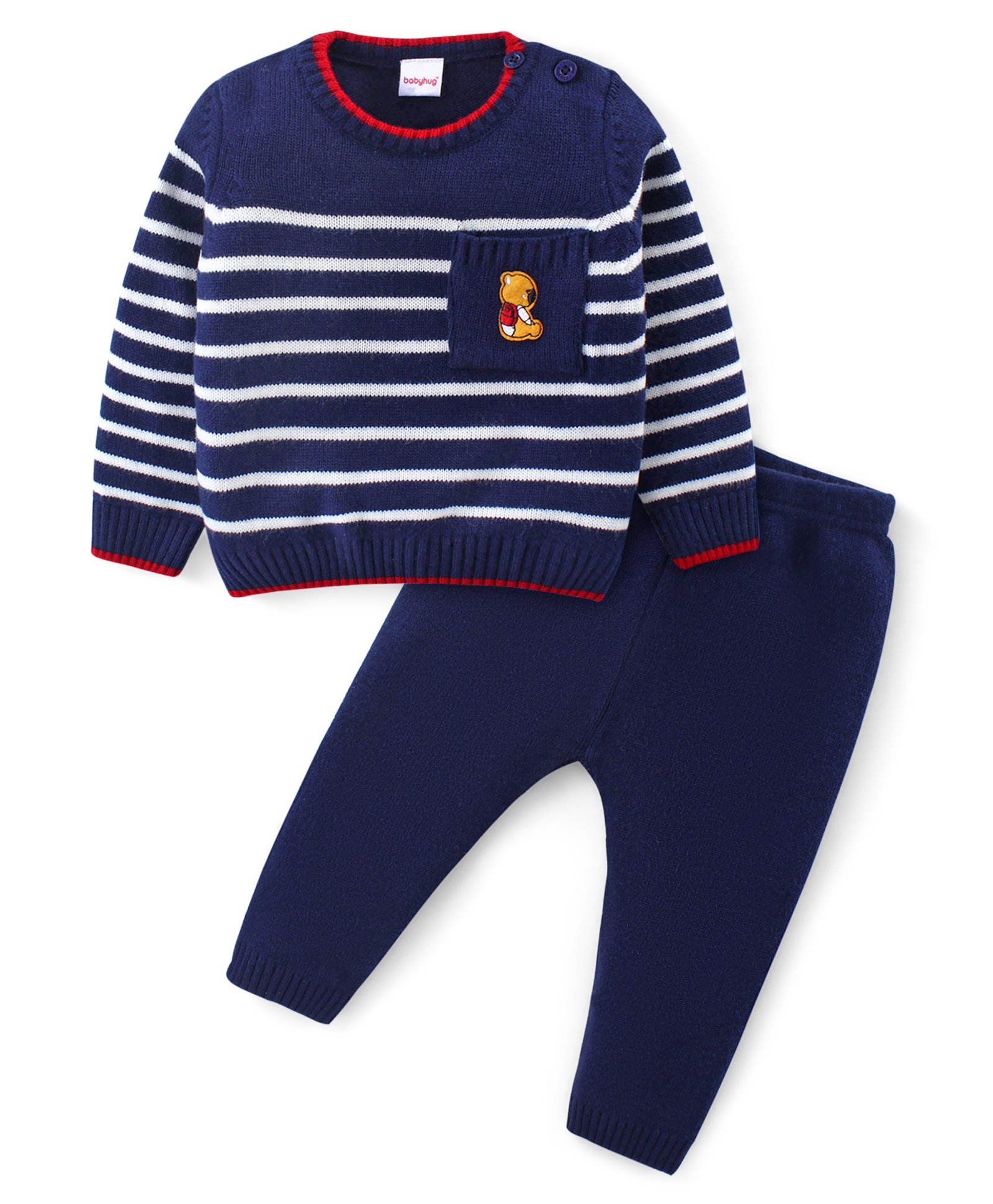 Babyhug Knitted Full Sleeves Striped Pullover Sweater Set - Navy Blue-picture-20