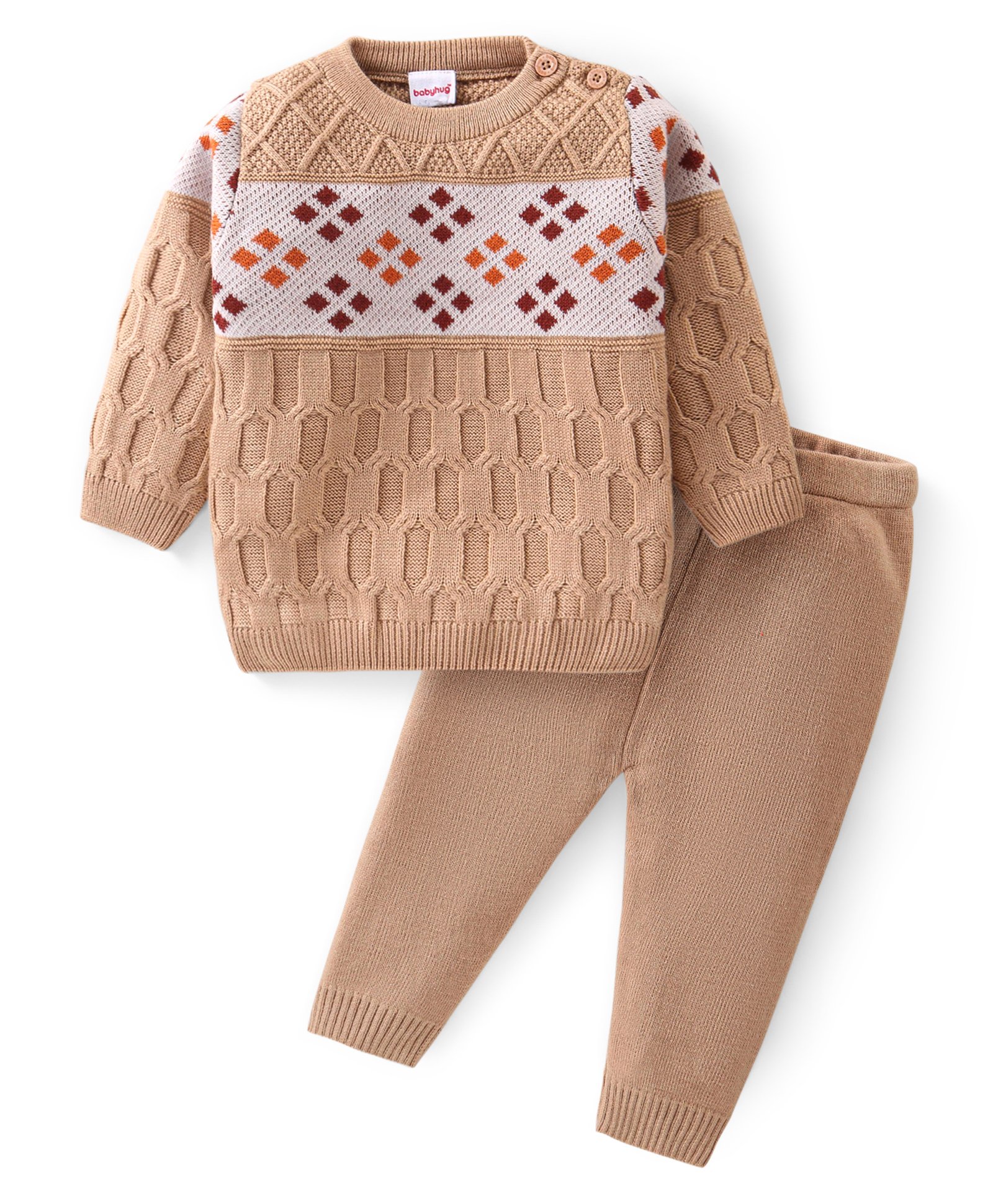 Babyhug Knitted Full Sleeves Cable Knit Designed Pullover Sweater Set - Beige-image-20