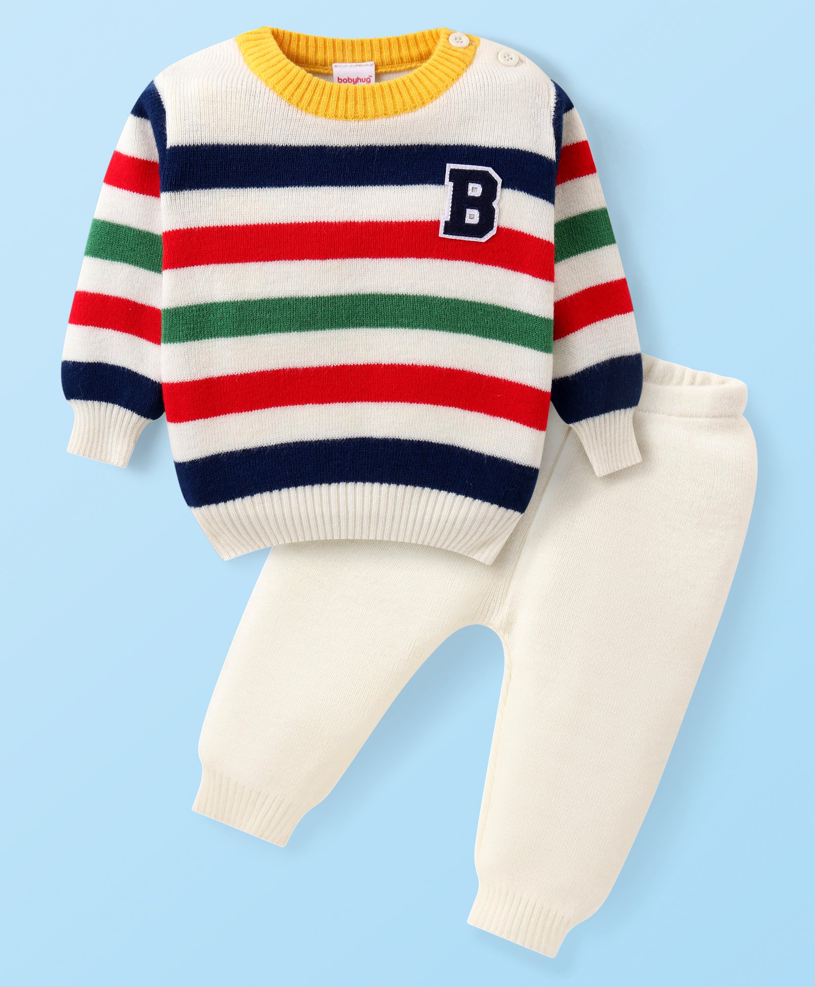 Babyhug KnittedFull Sleeves Pullover Striped Sweater Set - White Red & Green-image-48