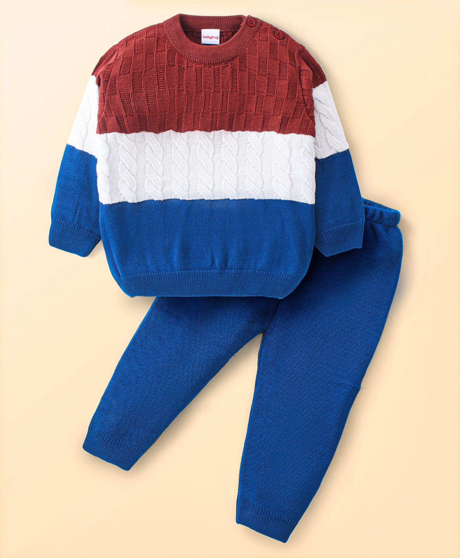 Babyhug Knitted Full Sleeves Pullover Sweater Set with Colour Block Design - Navy Blue-image-12
