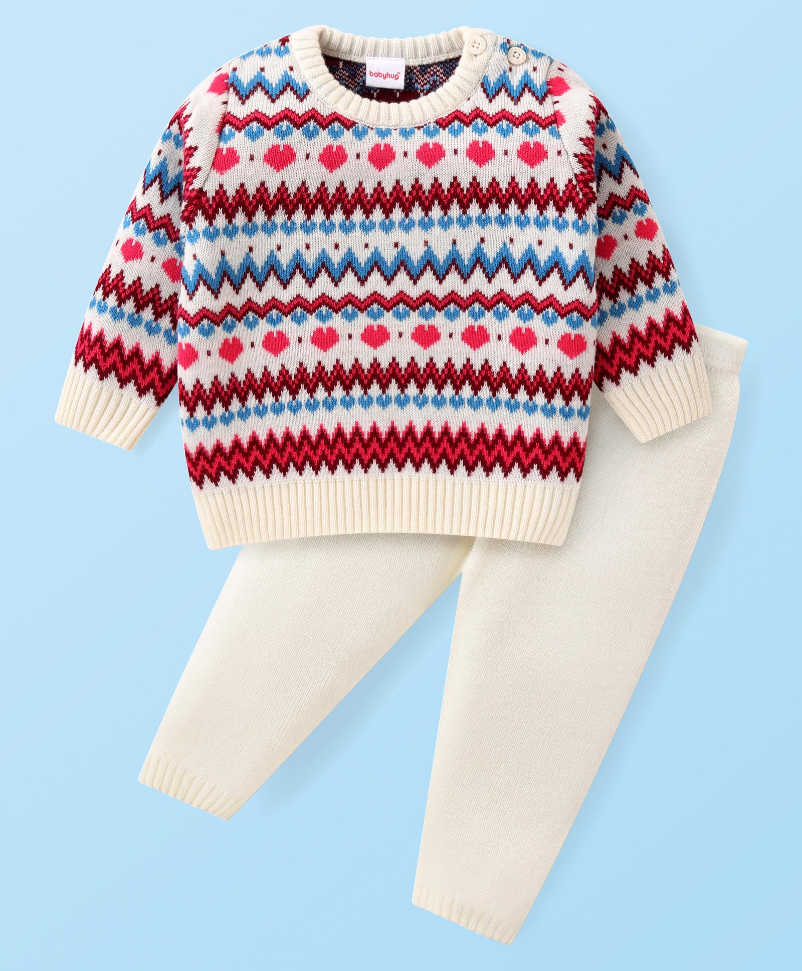 Babyhug Knitted Full Sleeves Heart Designed Pullover Sweater Set- White Red & Blue-image-34