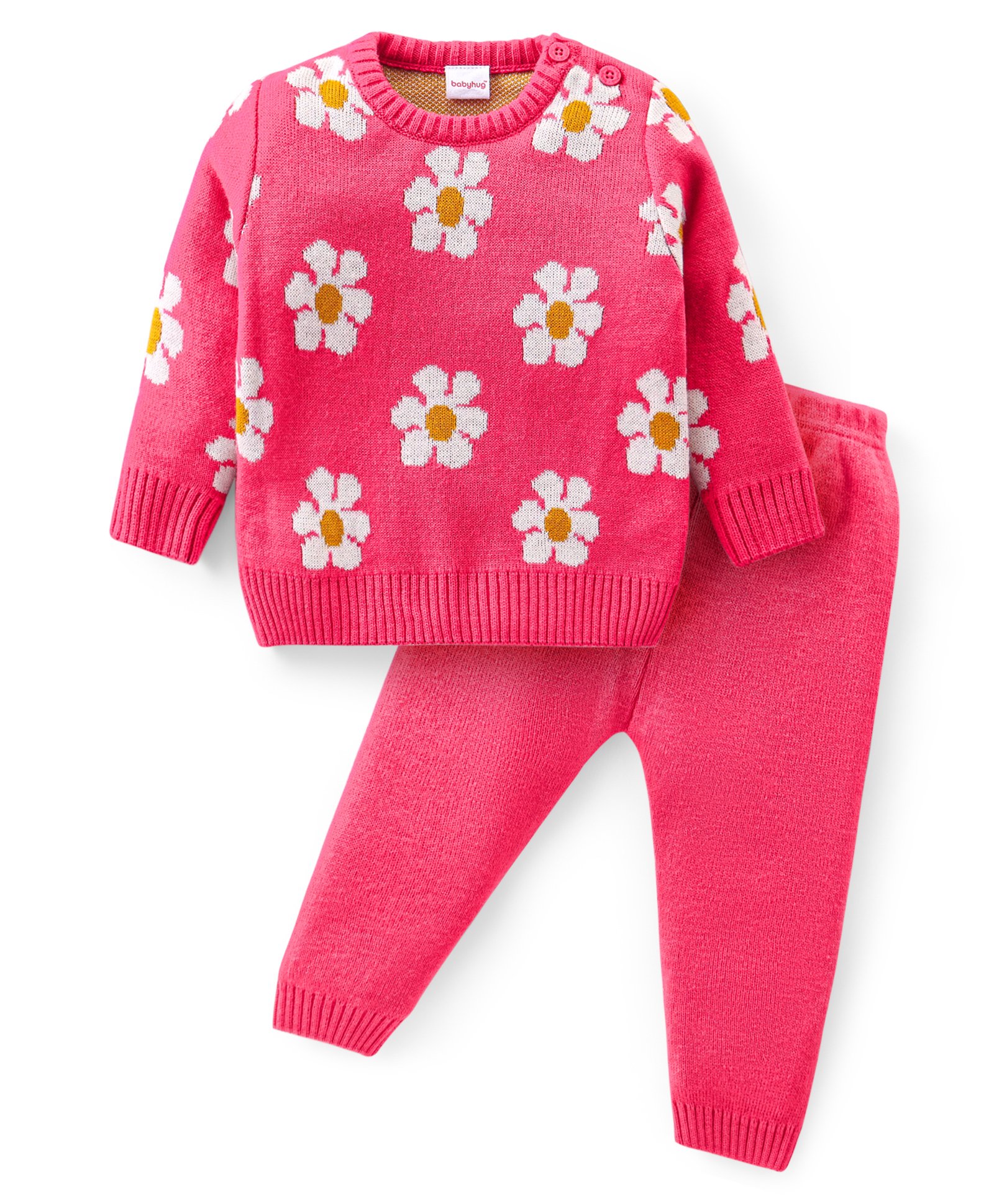 Babyhug Knitted Full Sleeves Pullover Sweater Set with Floral Design - Pink-image-31