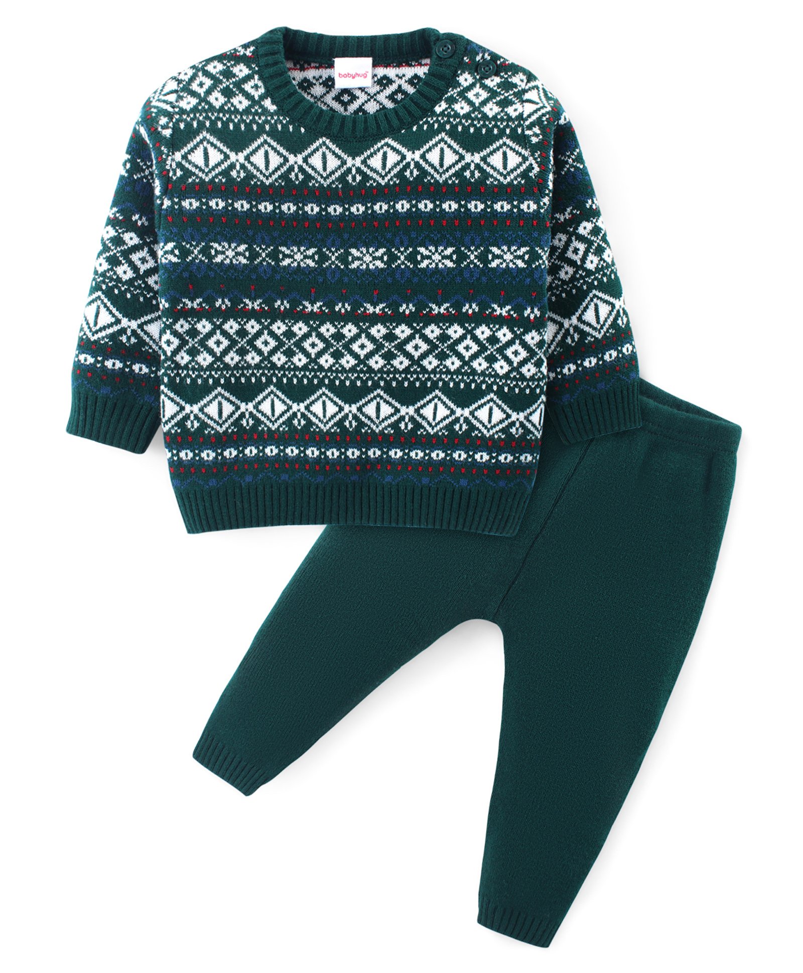 Babyhug Knitted Full Sleeves Pullover Sweater Set with Aztec Design - Olive Green-picture-25