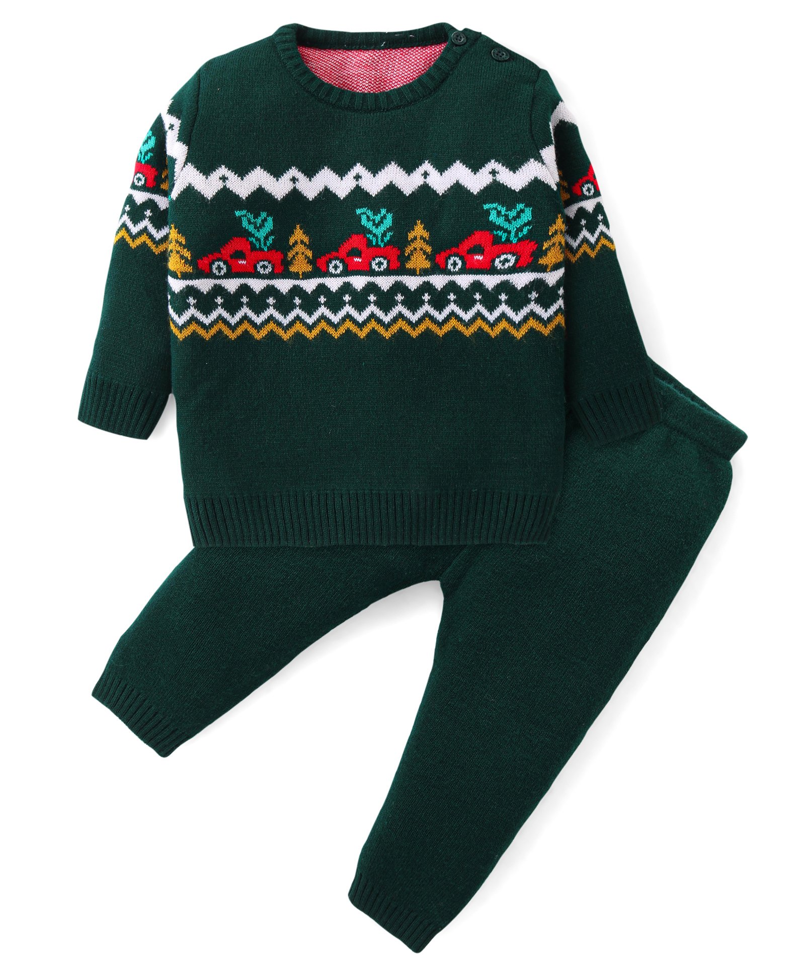 Babyhug Knitted Full Sleeves Pullover Sweater Set With Chevron Design - Green-image-25