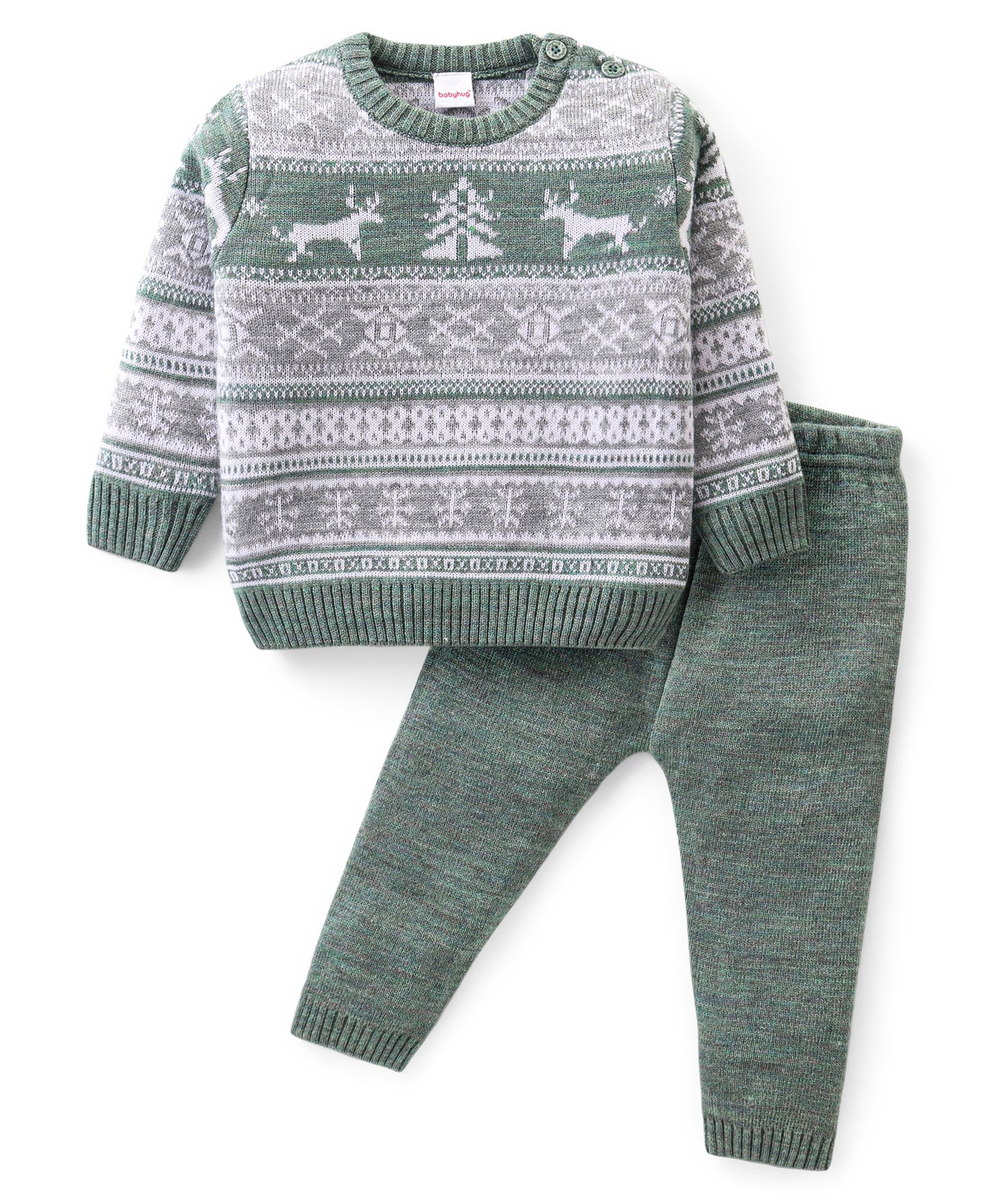 Babyhug Knitted Full Sleeves Pullover Sweater Set with Christmas Theme Print - Grey & Green-picture-16