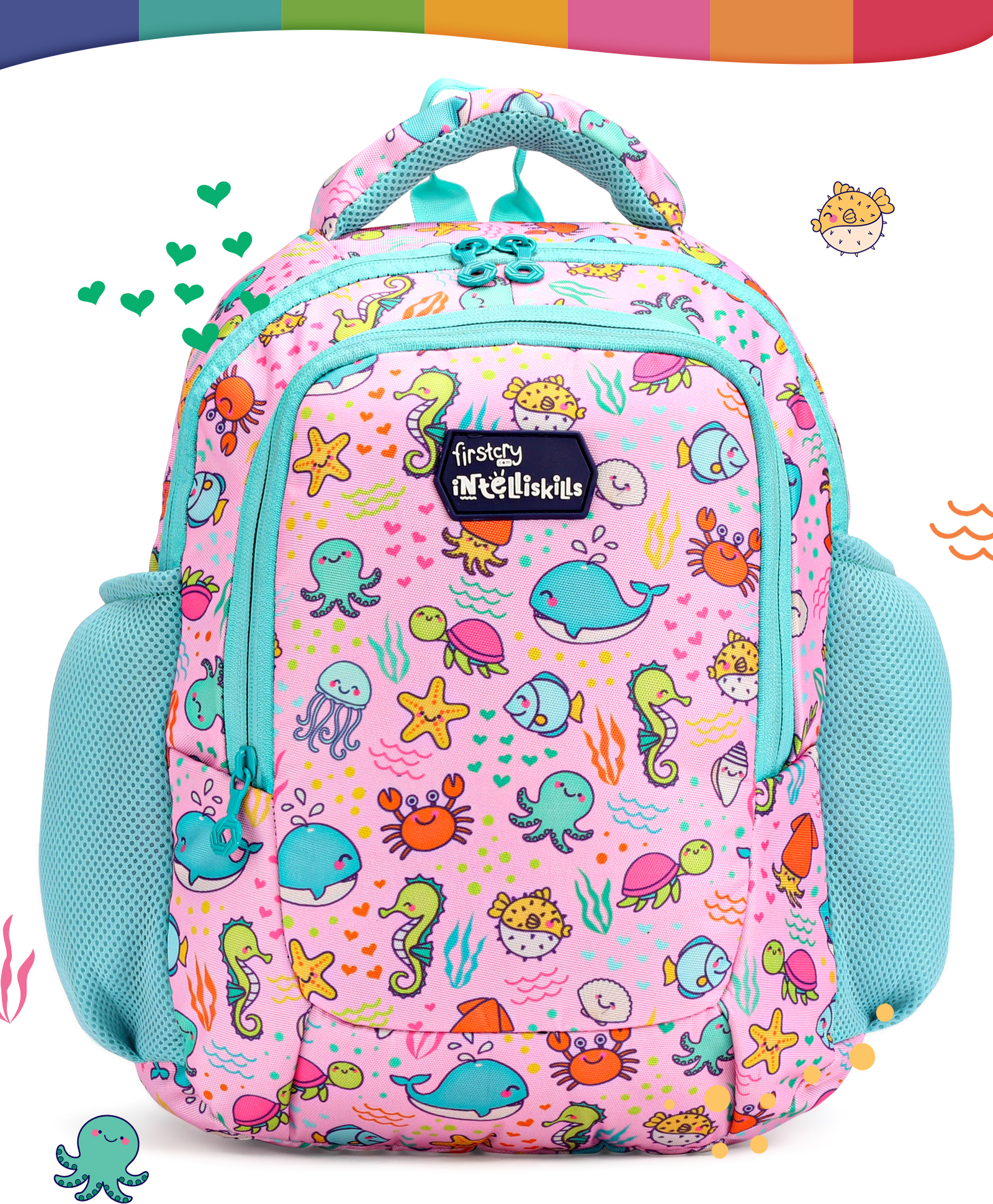 Intelliskills Trendy & Spacious Ocean Animals School Bag with Comfortable Cushion Padding Pink - 15 Inches