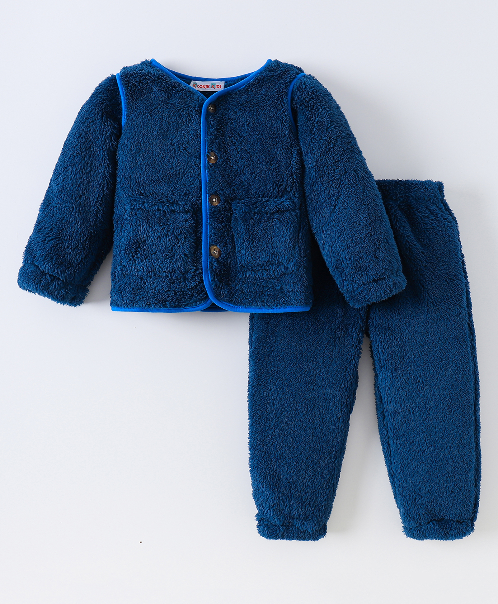 Kookie Kids Full Sleeves Front Open Solid Color Winter Wear Night Suit - Navy Blue-image-29