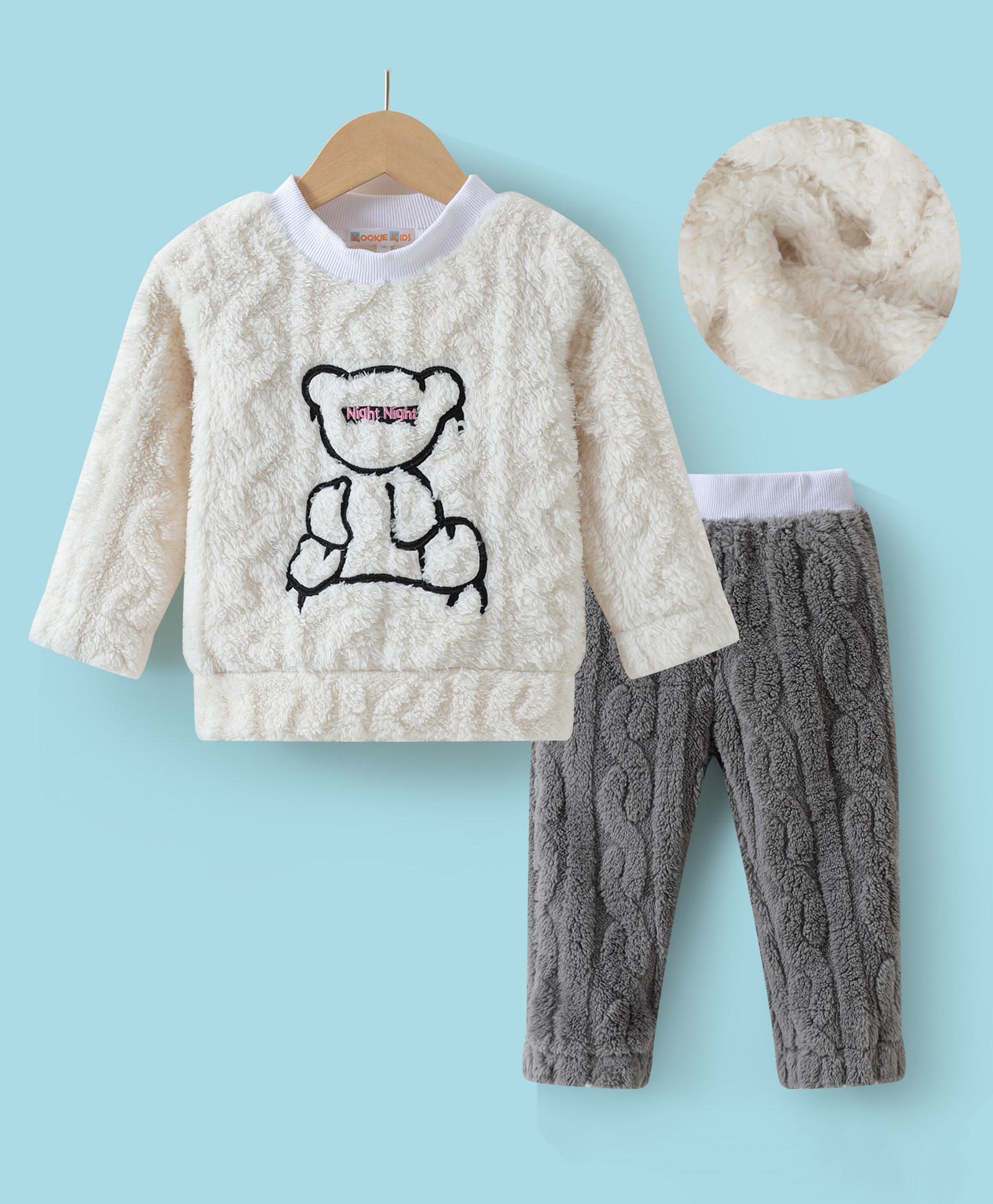 Kookie Kids Full Sleeves Winter Wear Night Suit With Teddy Applique - Cream & Grey-image-45