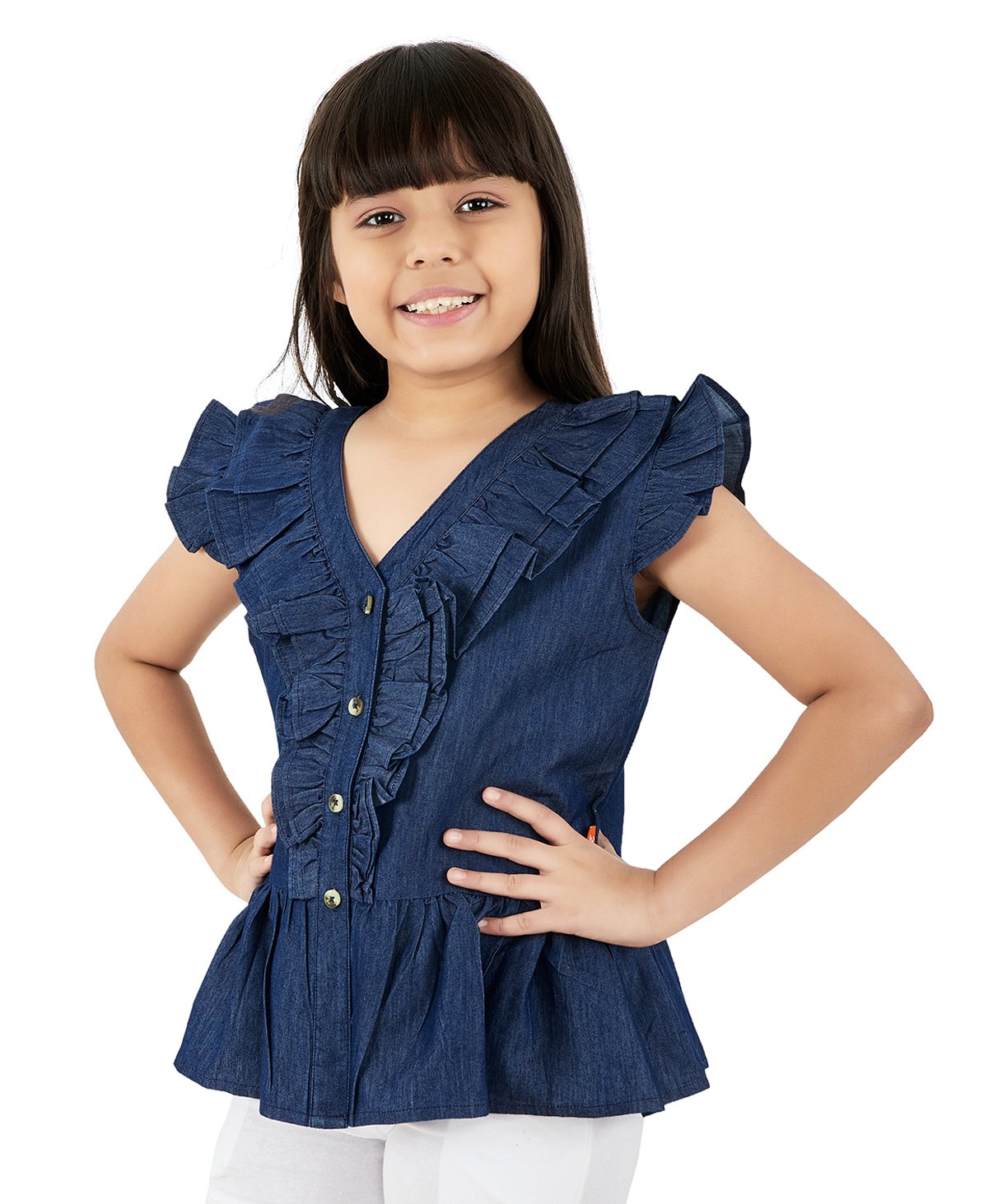 Olele Frill Sleeves Solid Shirt Style Top - Blue-image-21