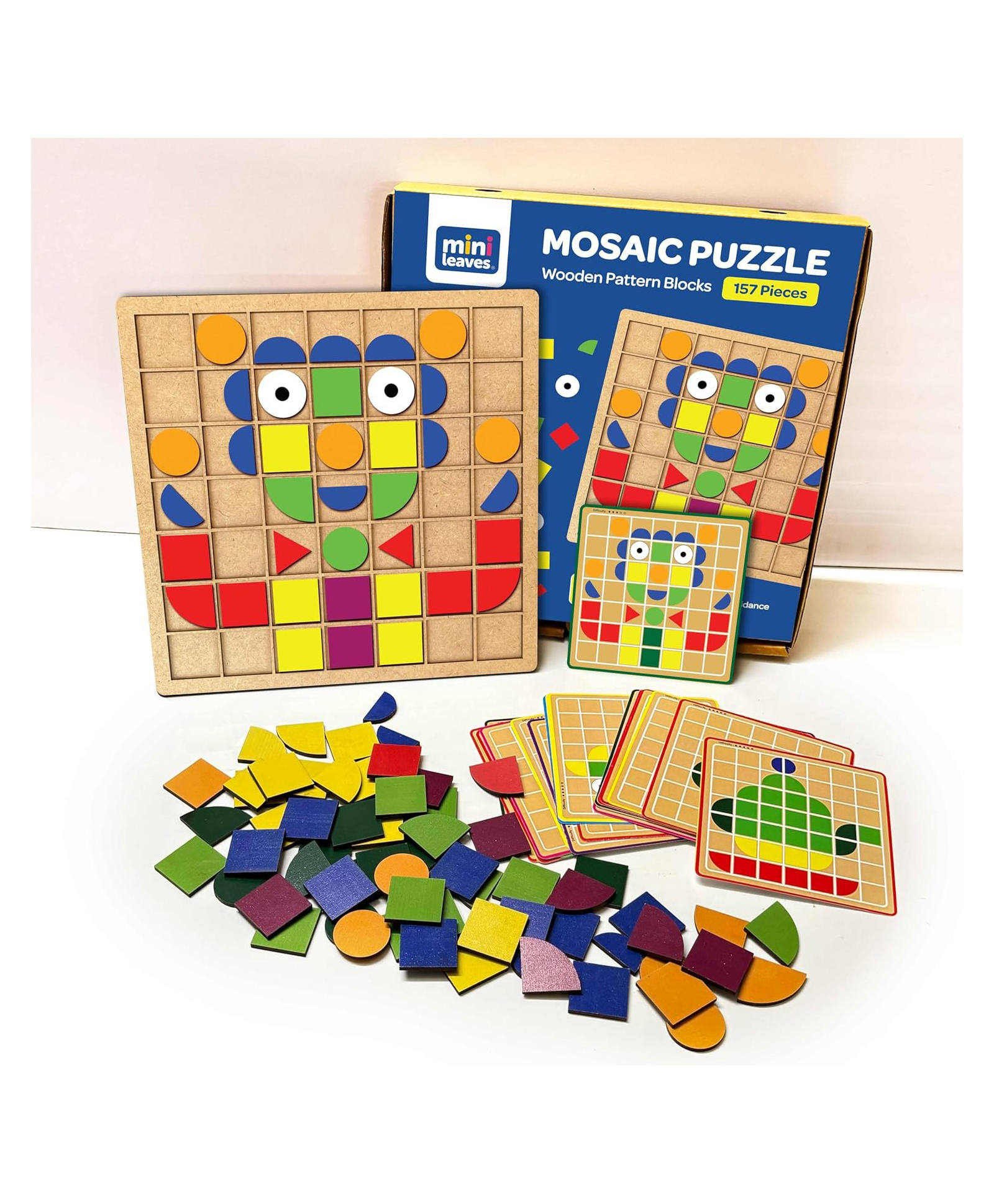 Mini Leaves Wooden Mosaic Puzzle Board for Kids 3+ Years -  3D Creative Shapes 157 Pieces with 24 Flashcards-image-14