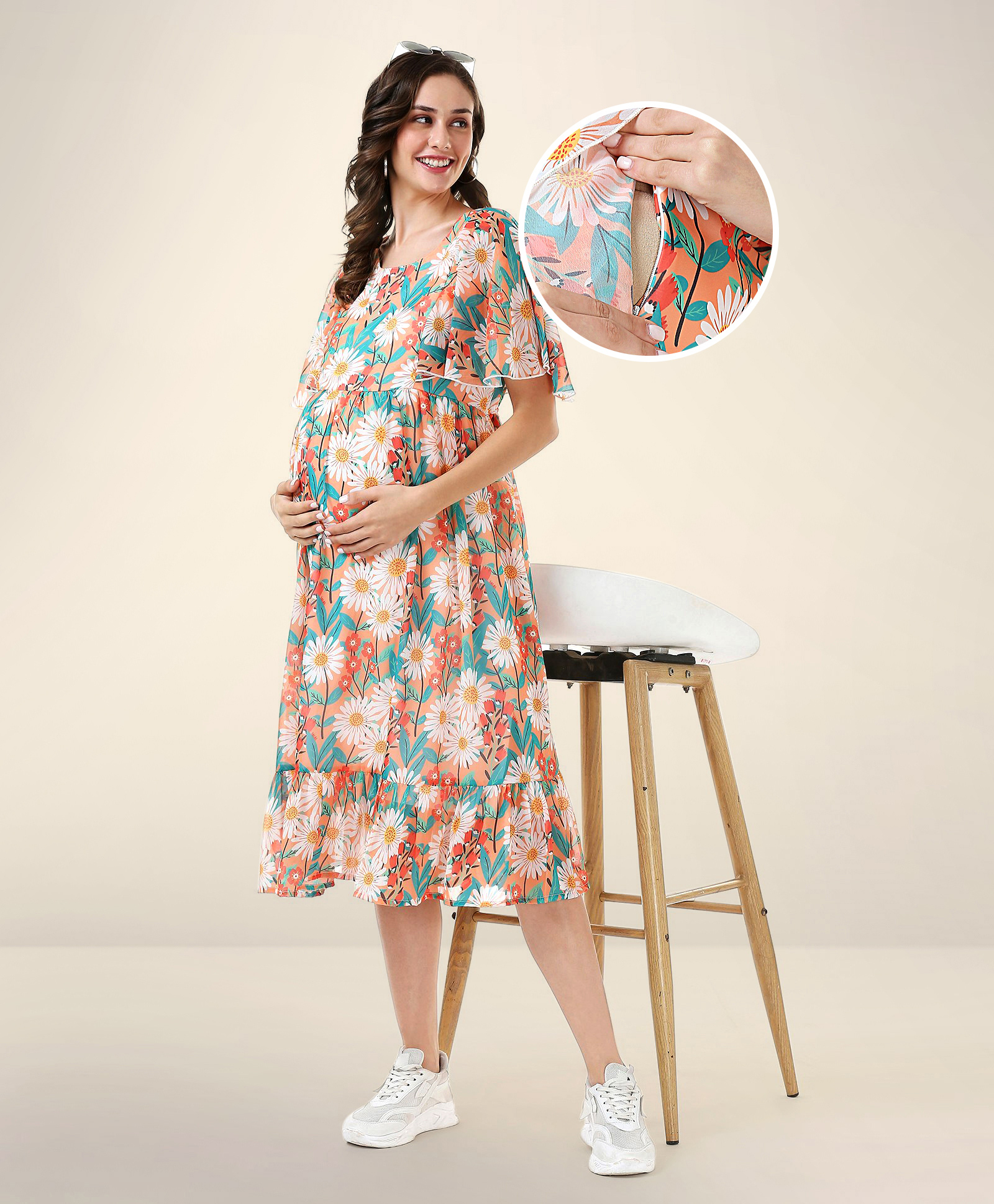 Bella Mama Woven Flutter Sleeves Maternity Dress Floral Print - Orange-picture-18