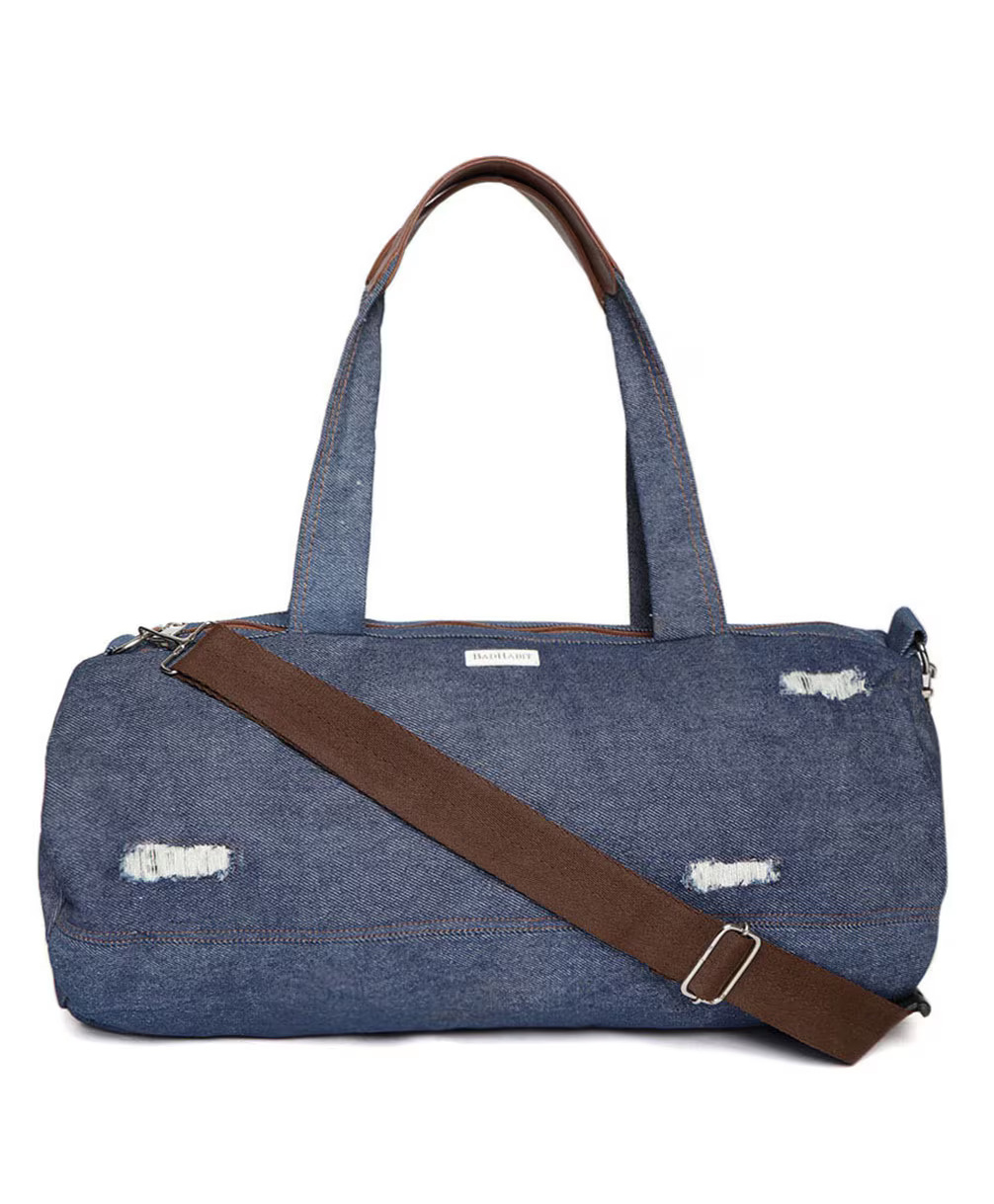 BAD HABIT Blue Denim Duffel Bag with Distressed Detail - Stylish and Spacious Travel Companion-image-7