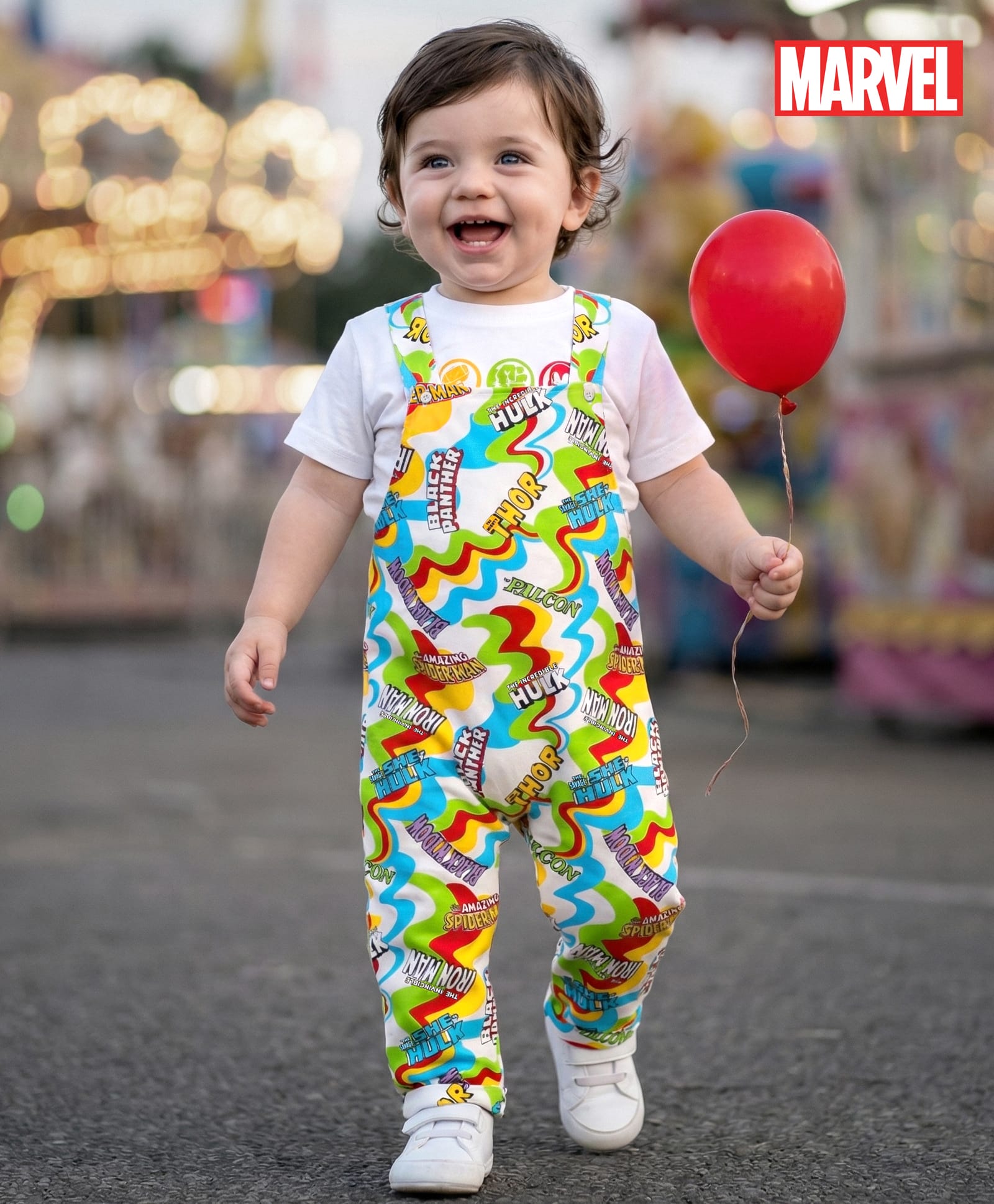 Babyhug MarvelInterlock Knit Half Sleeves T-shirt With Dungaree Avengers Graphic - Yellow White & Blue-image-29