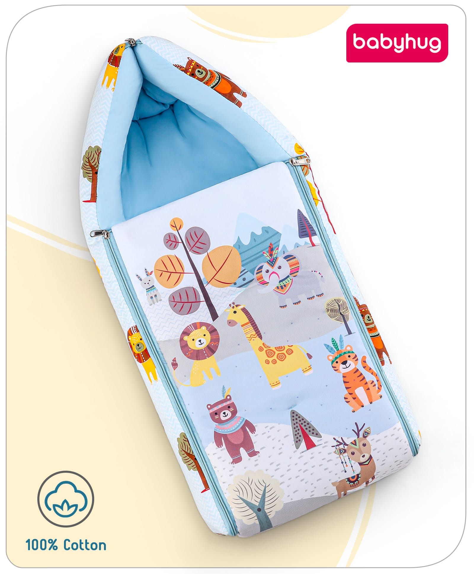 Babyhug Cotton Sleeping Bag Cum Carry Nest With Animals Print- Blue-image-22