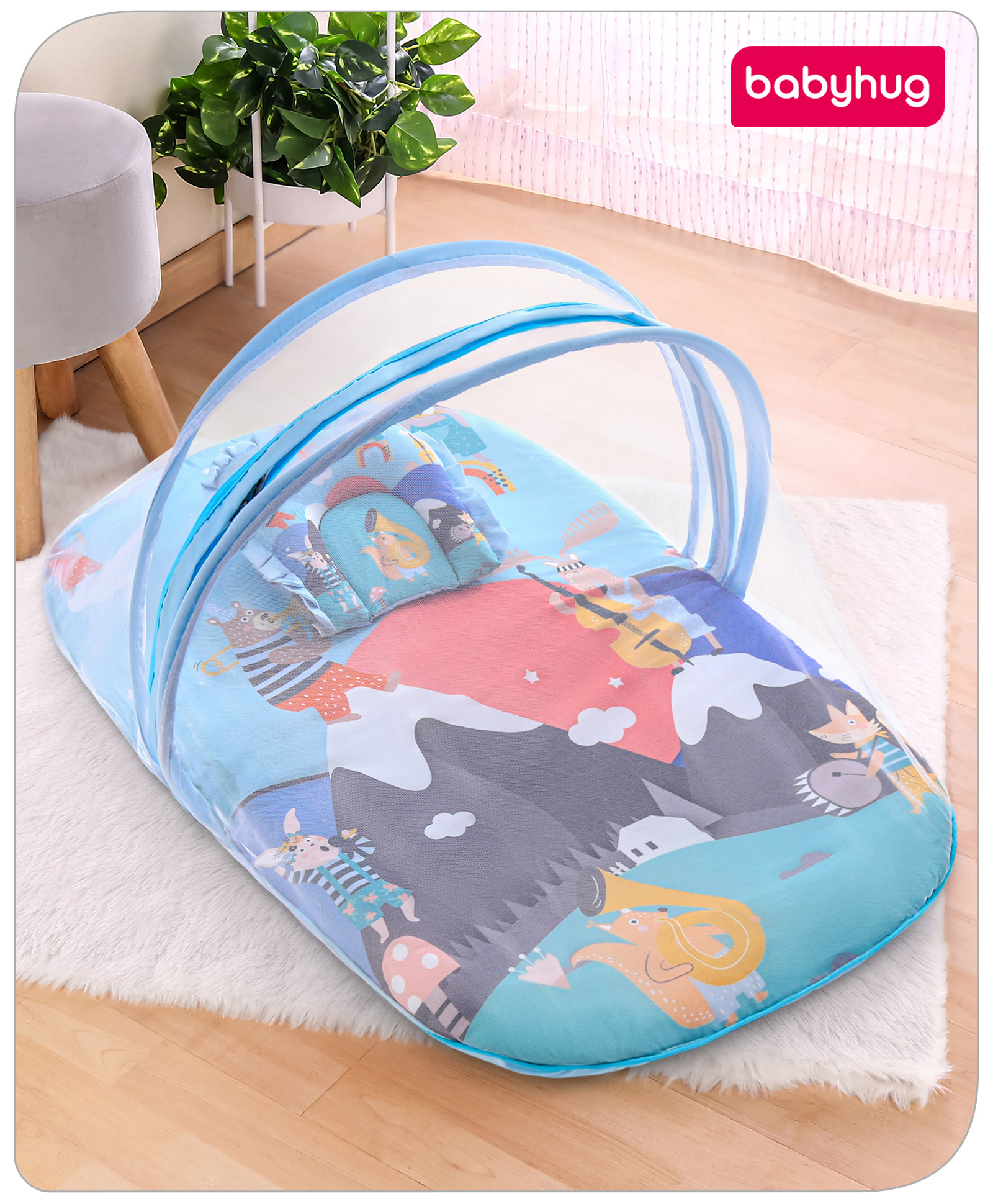 Babyhug Cotton Mattress Set with Mosquito Net & Animal Faces Print - Blue-image-40