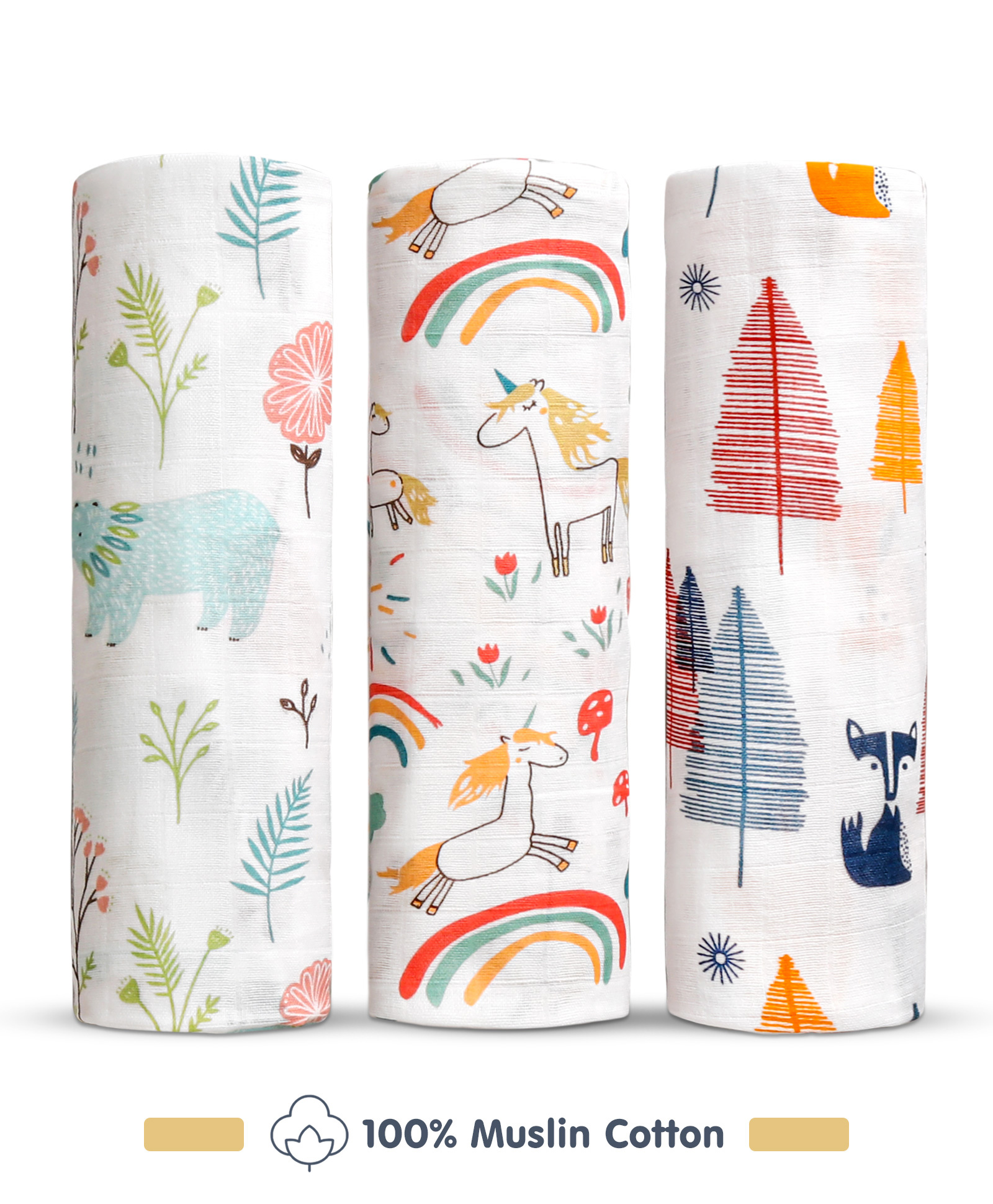 Babyhug Cotton Muslin Multipurpose Swaddle Wraps Unicorn Print Pack of 3 - Multicolour-picture-26