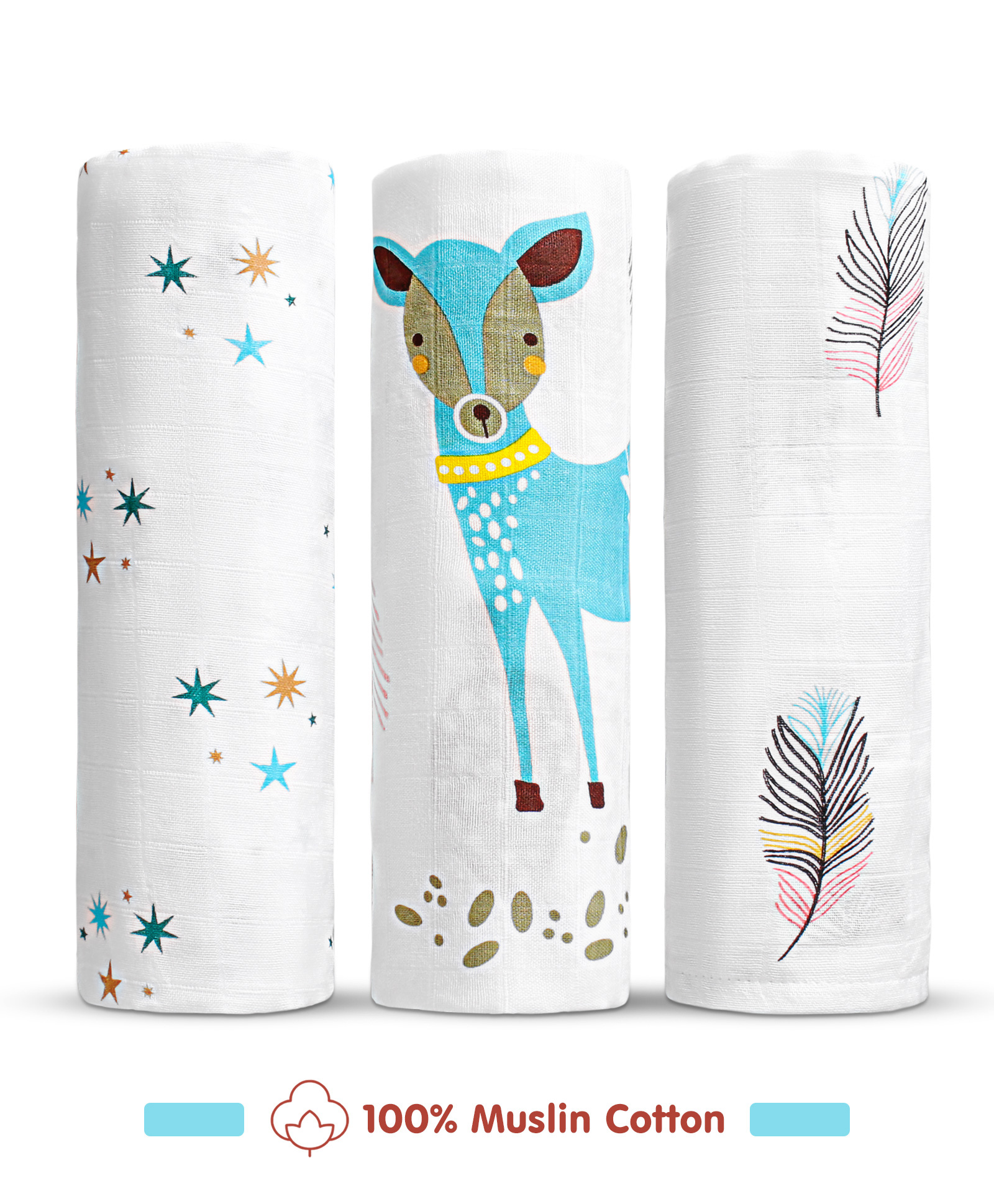 Babyhug Cotton Muslin Multipurpose Swaddle Wraps Animal Print Pack of 3 - Multicolour