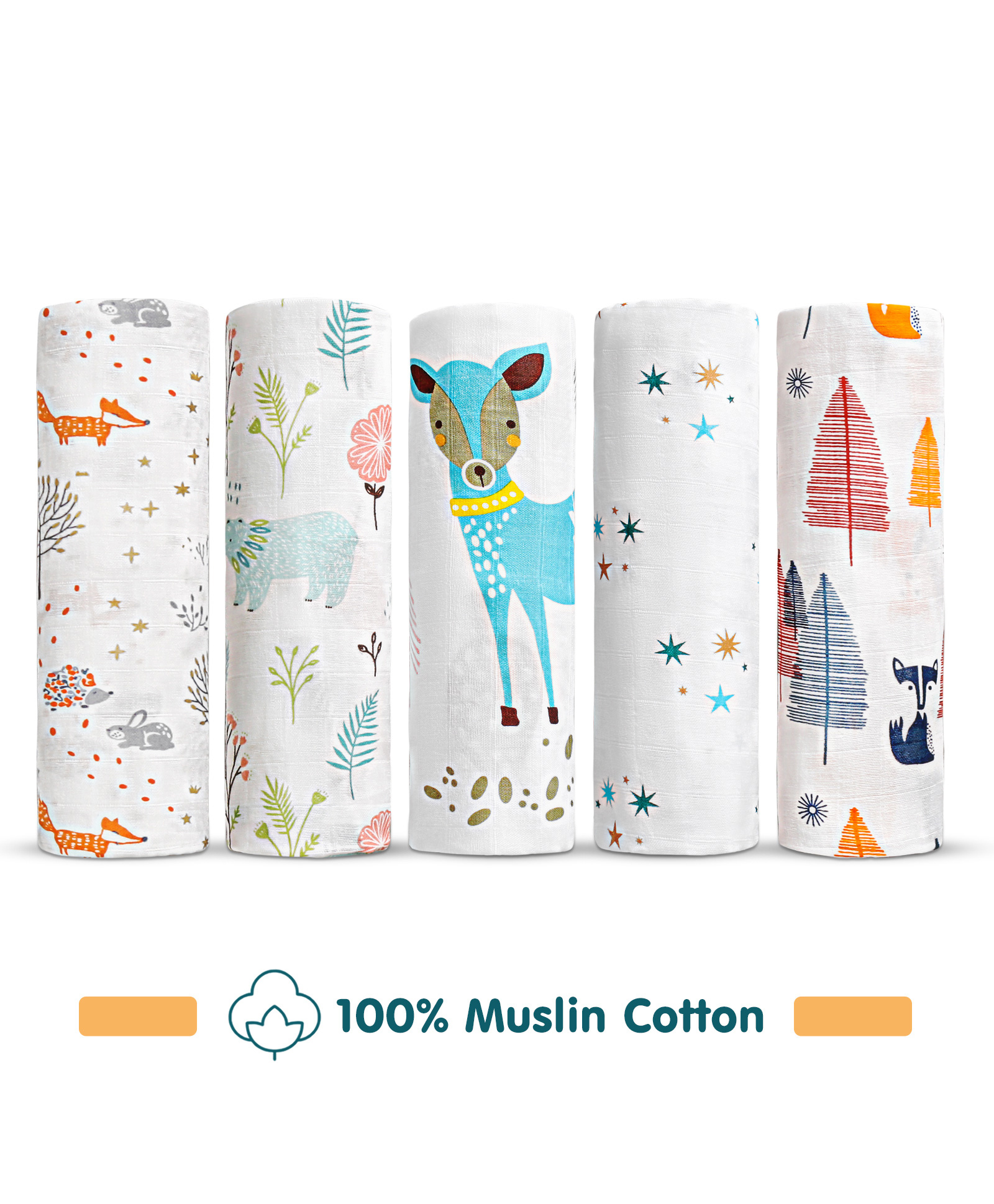 Babyhug Cotton Muslin Multipurpose Swaddle Wraps Forest Print Pack of 5 - Multicolour-image-17