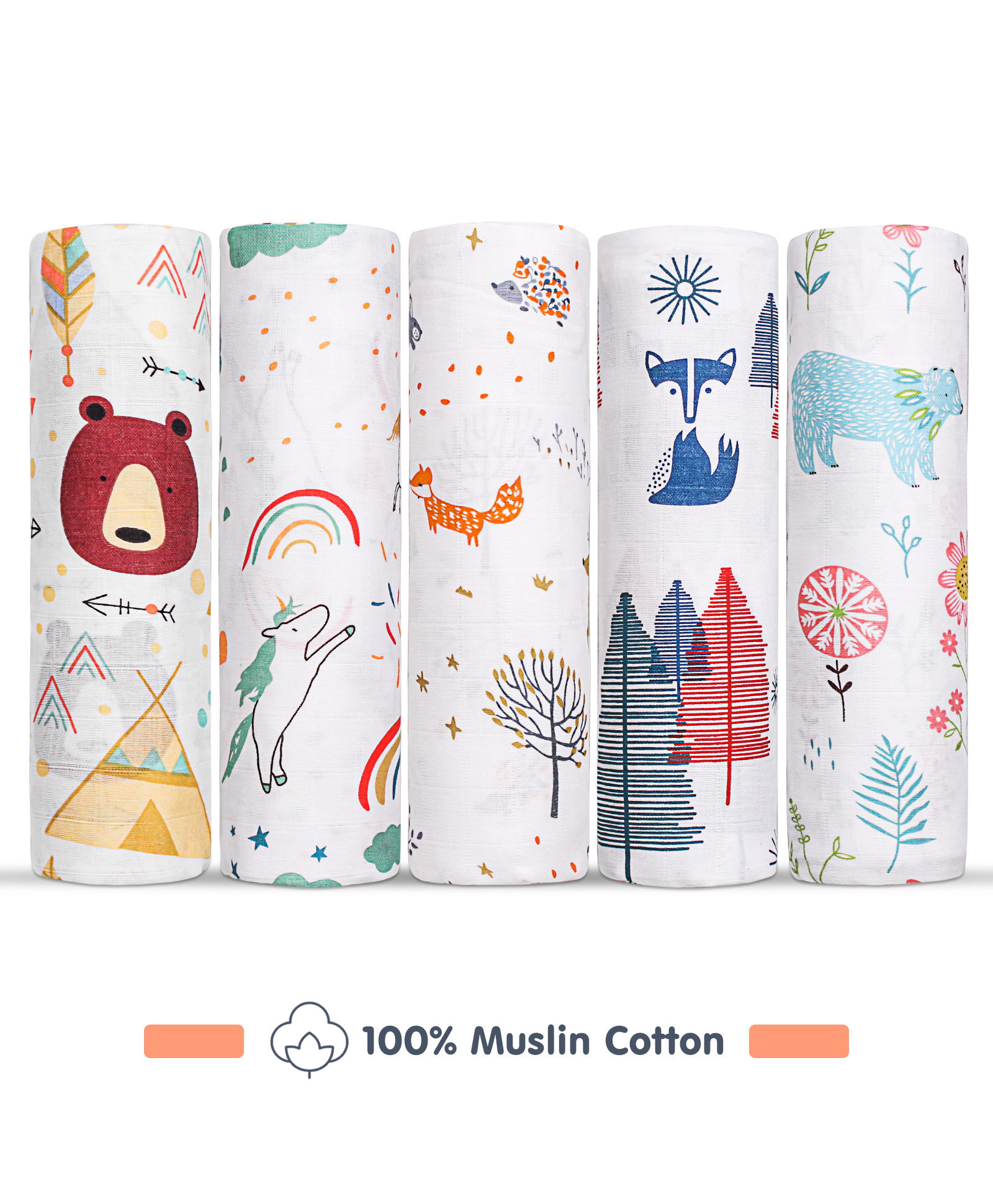 Babyhug Cotton Muslin Multipurpose Swaddle Wraps Animal Print Pack of 5 - Multicolour