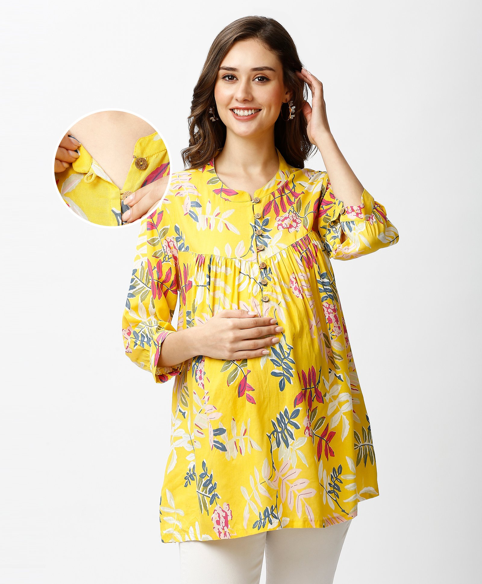 Bella Mama Pintucks Woven Three Fourth Sleeves Maternity Top with Floral Print - Yellow