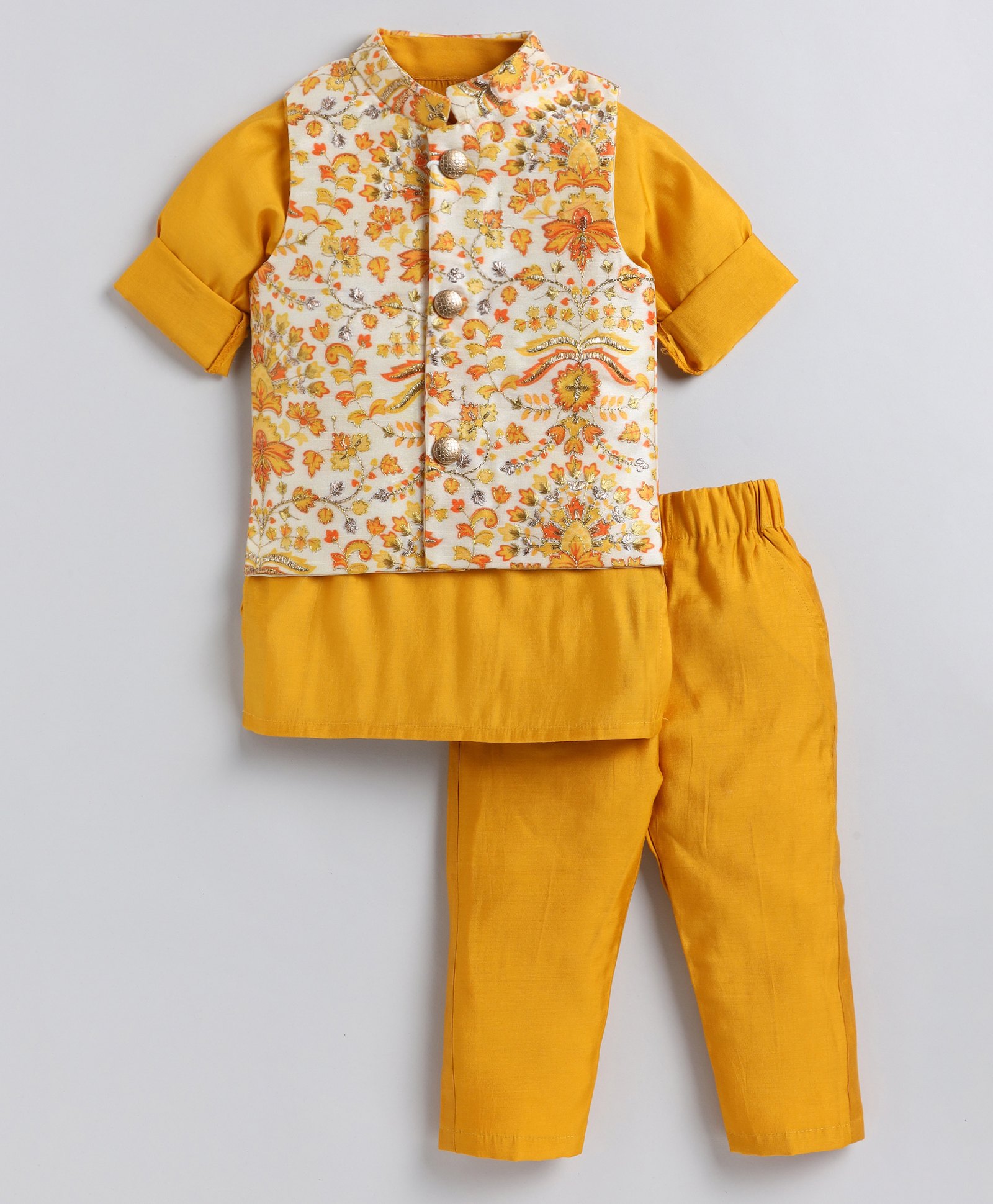 LITTLE COLLARS Full Sleeves Solid Coordinating Kurta & Pyjama With Floral Printed Jacket - Mustard-picture-23