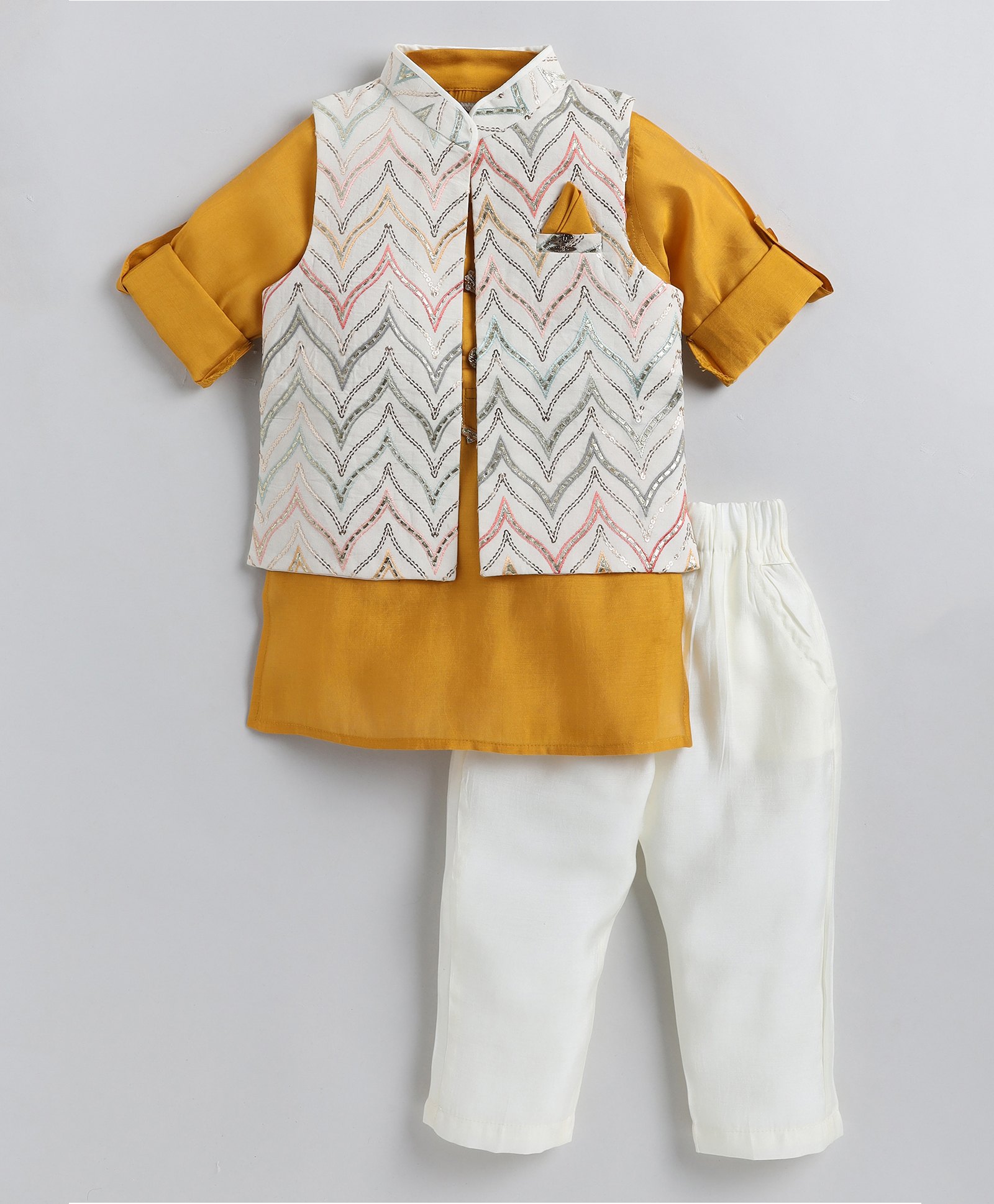 LITTLE COLLARS Full Sleeves Sequin & Lace Embellished Kurta Pyjama With Abstract Embroidered Jacket - Mustard-image-33