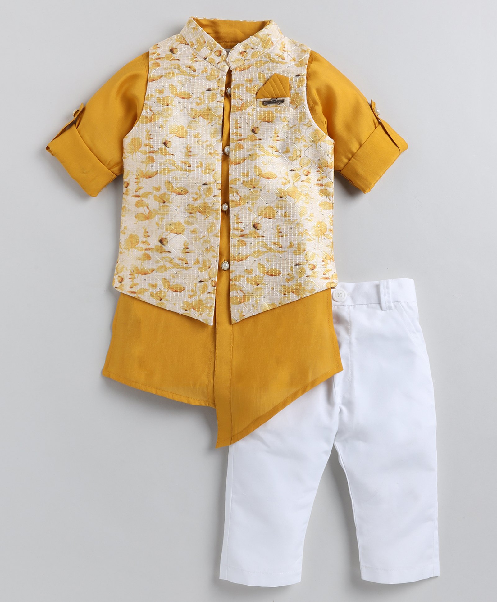 LITTLE COLLARS Full Sleeves Solid Kurta & Pyjama Set With Floral Printed Jacket - Mustard Yellow-image-32