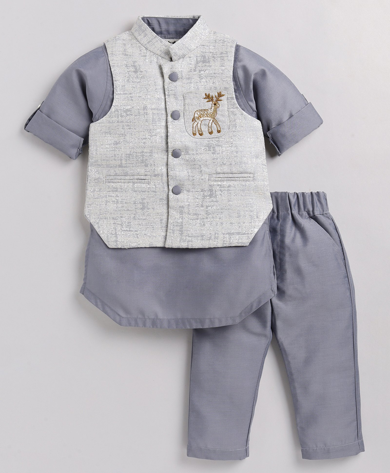 LITTLE COLLARS Jacquard Full Sleeves Solid Kurta & Pyjama Set With Sequin Animal Embellished Jacket - Grey-picture-18