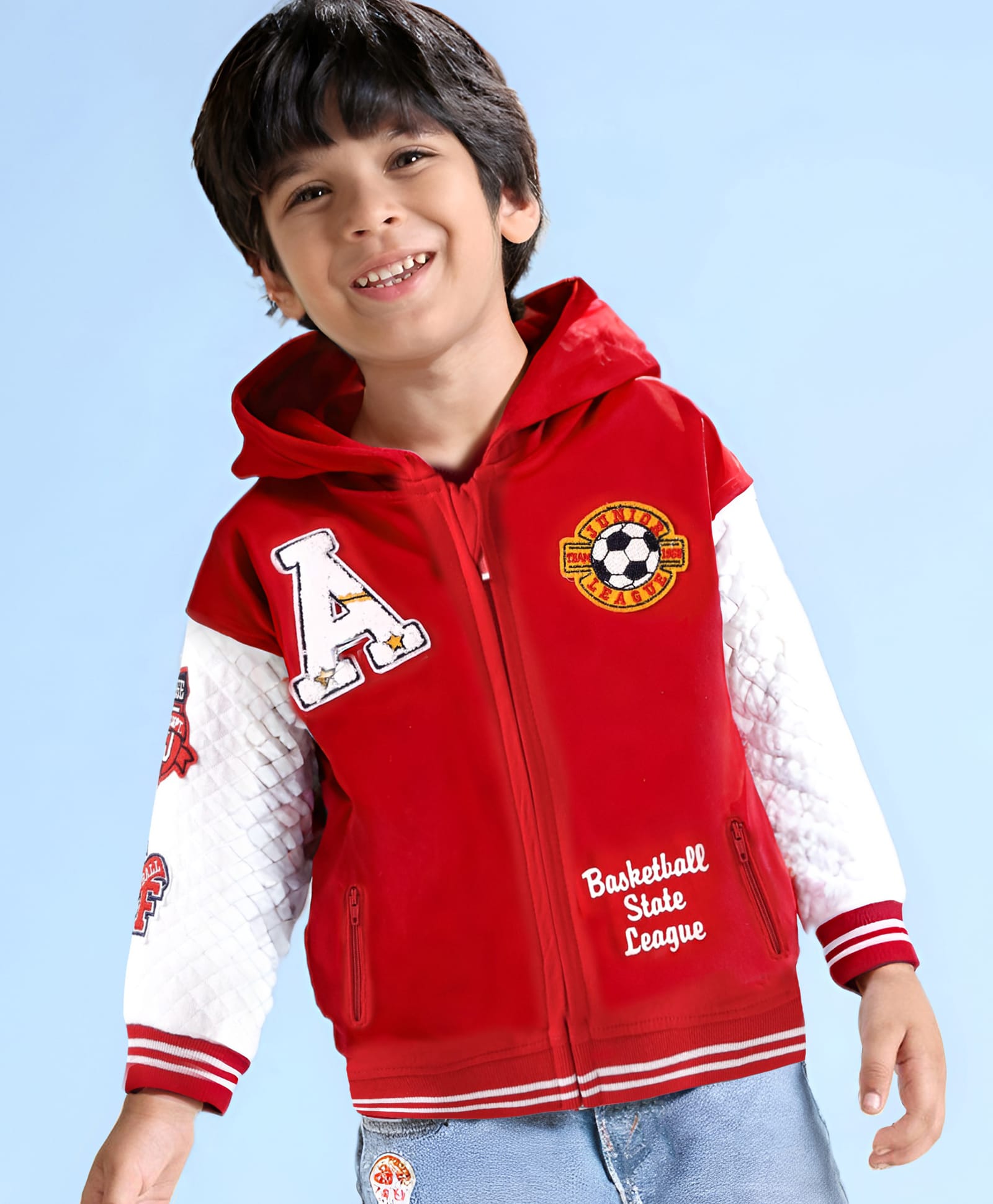 Babyhug Full Drop Shoulder Sleeves Hooded Sweatjacket With Text Embroidery & Badge Detailing - Red & White-picture-27