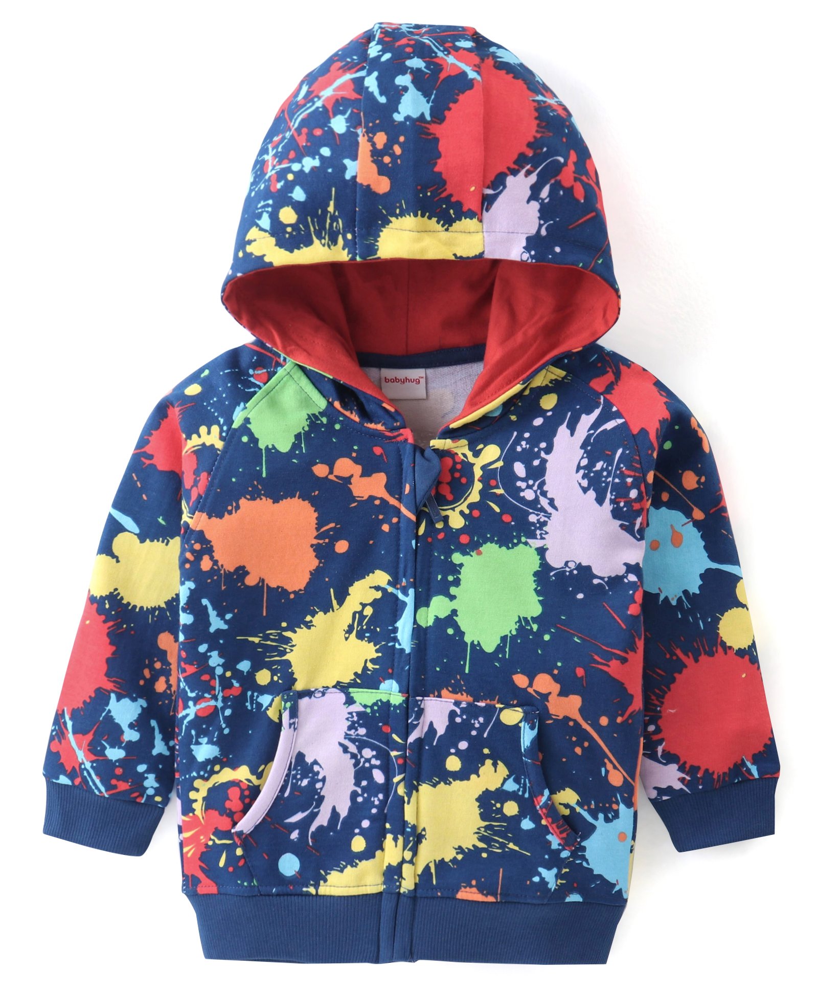 Babyhug Cotton Knit Full Sleeves Hooded Sweatjacket with Kangaroo Pockets Paint Stains Print - Navy Blue-image-5