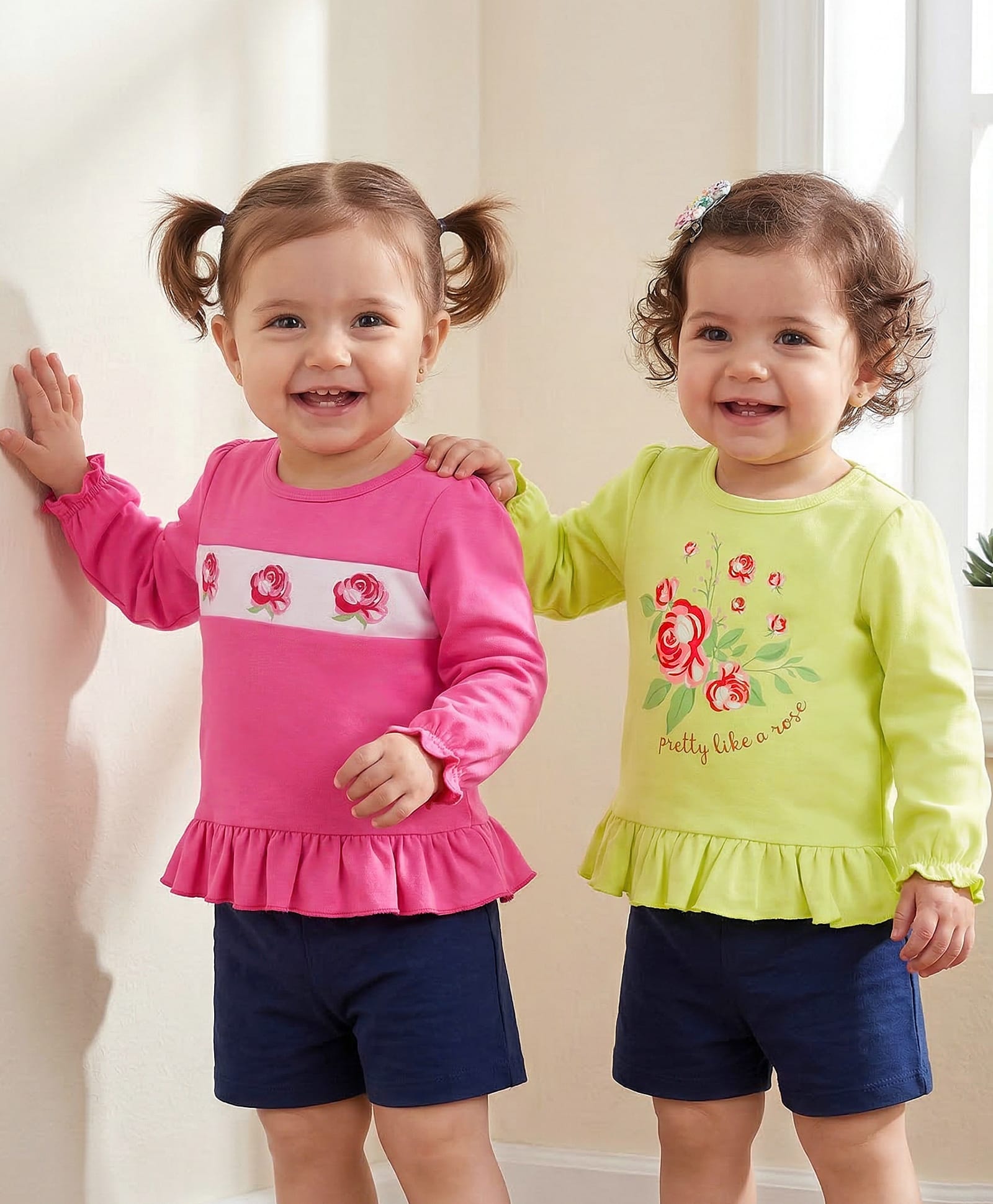 Babyoye 100% Cotton with Eco- Jiva Finish Full Sleeves Rose  Printed Tops with Frill Pack of 2 - Pink & Green-image-13