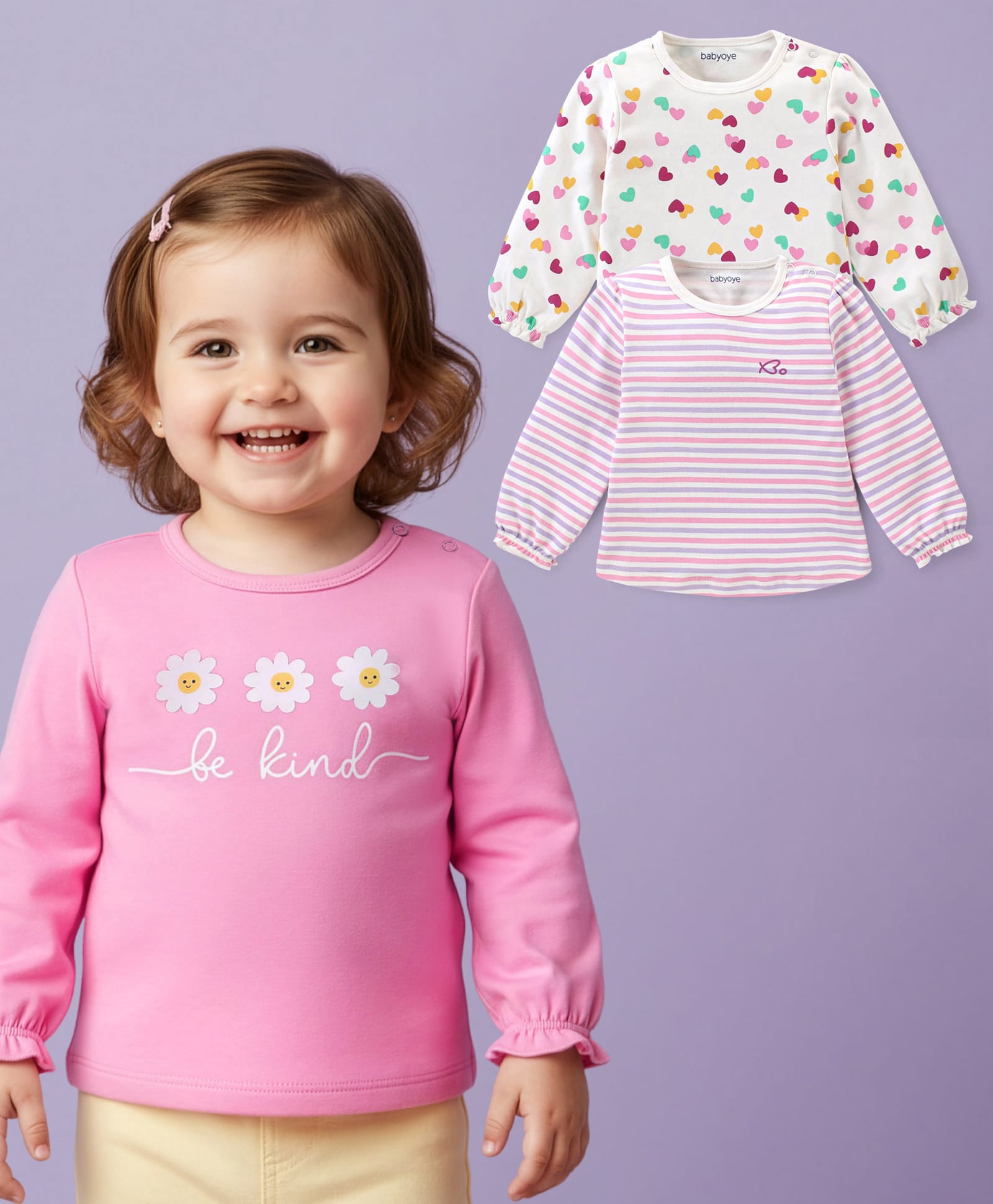 Babyoye 100% Cotton Knit With Eco- Jiva Finish  Full Sleeves Tops with Floral Striped & Heart Print - Pink & Off White-picture-35