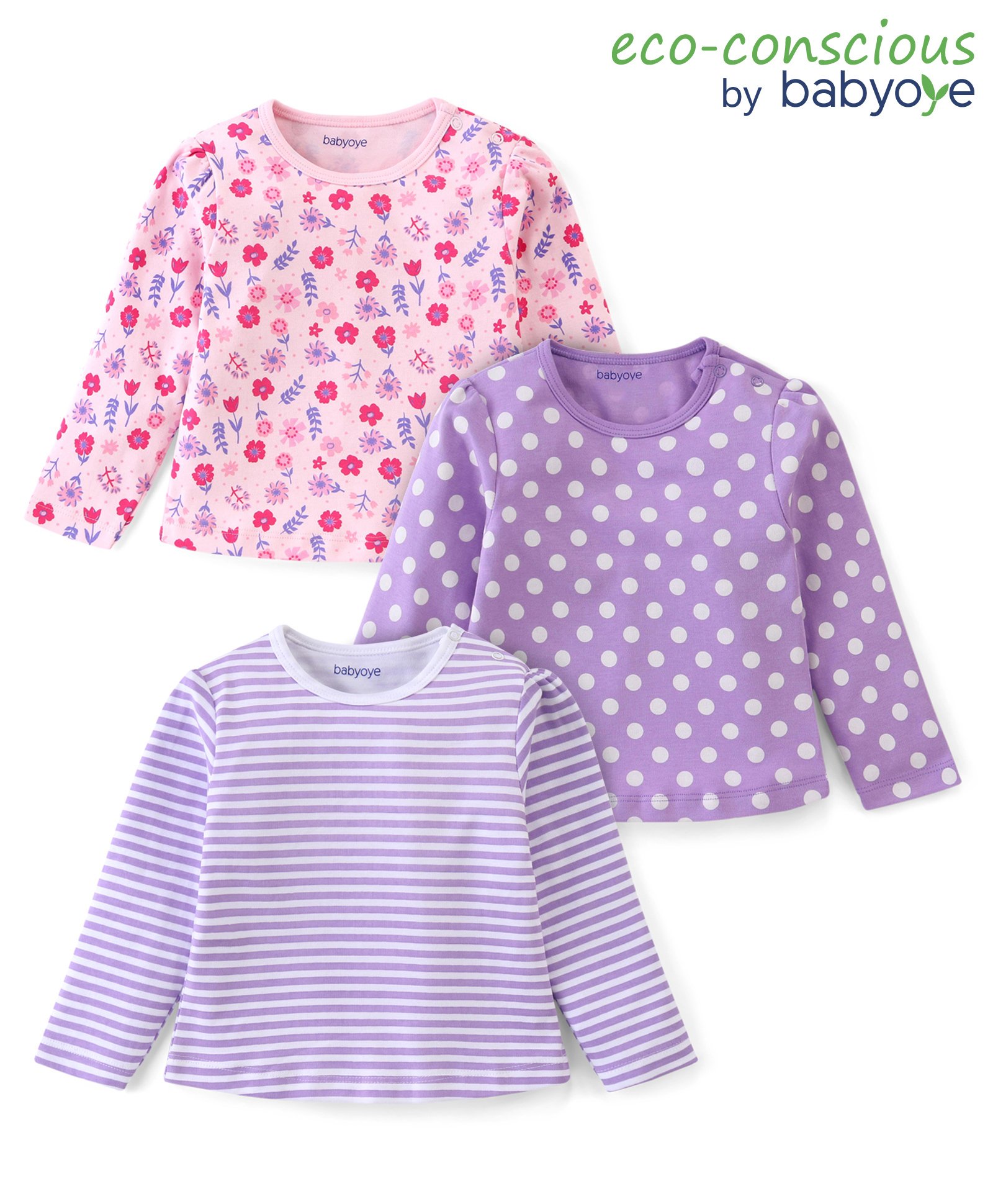 Babyoye 100% Cotton Knit With Eco- Jiva Finish Full Sleeves  T-Shirts with Floral Striped & Polka Dots Print - Lilac & Pink-picture-36
