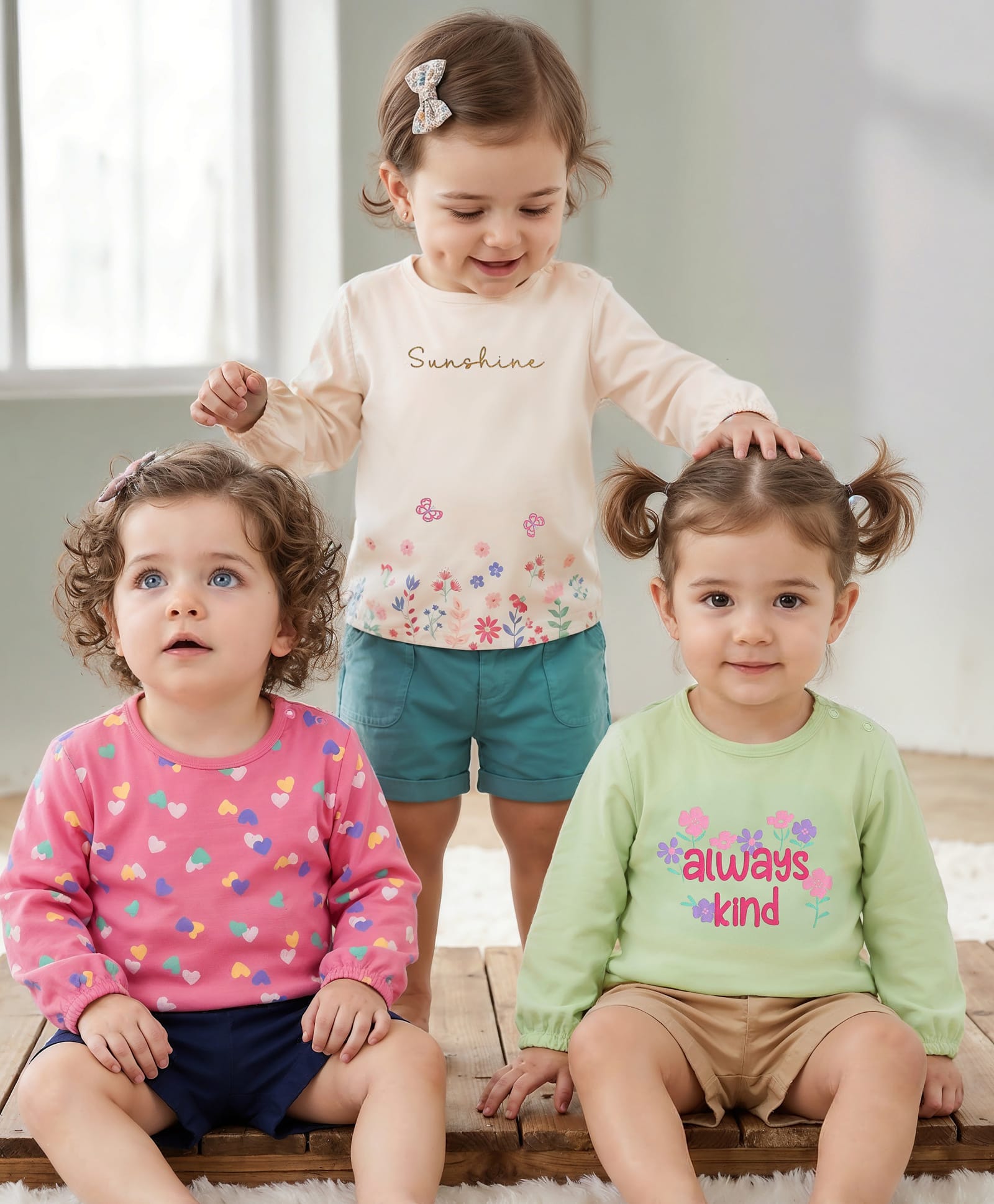 Babyoye 100% Cotton With Eco- Jiva Finish Full Sleeves Tops Hearts & Floral Print Pack of 3 - Green & Pink-image-42