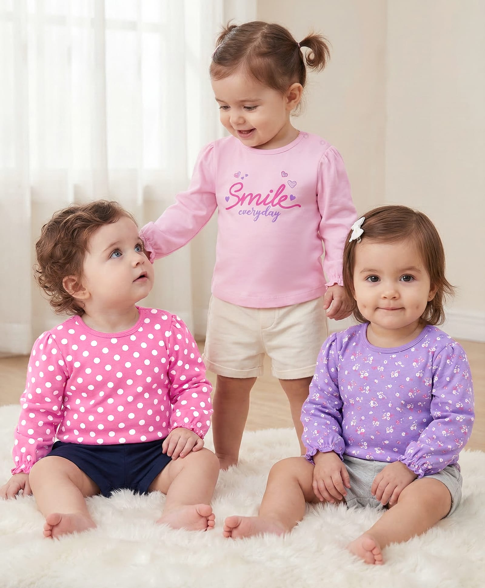 Babyoye 100% Cotton Knit Full Sleeves Tops  with Polka Dots Floral & Text Print Pack of 3 - Light  Pink  & Lilac-picture-23