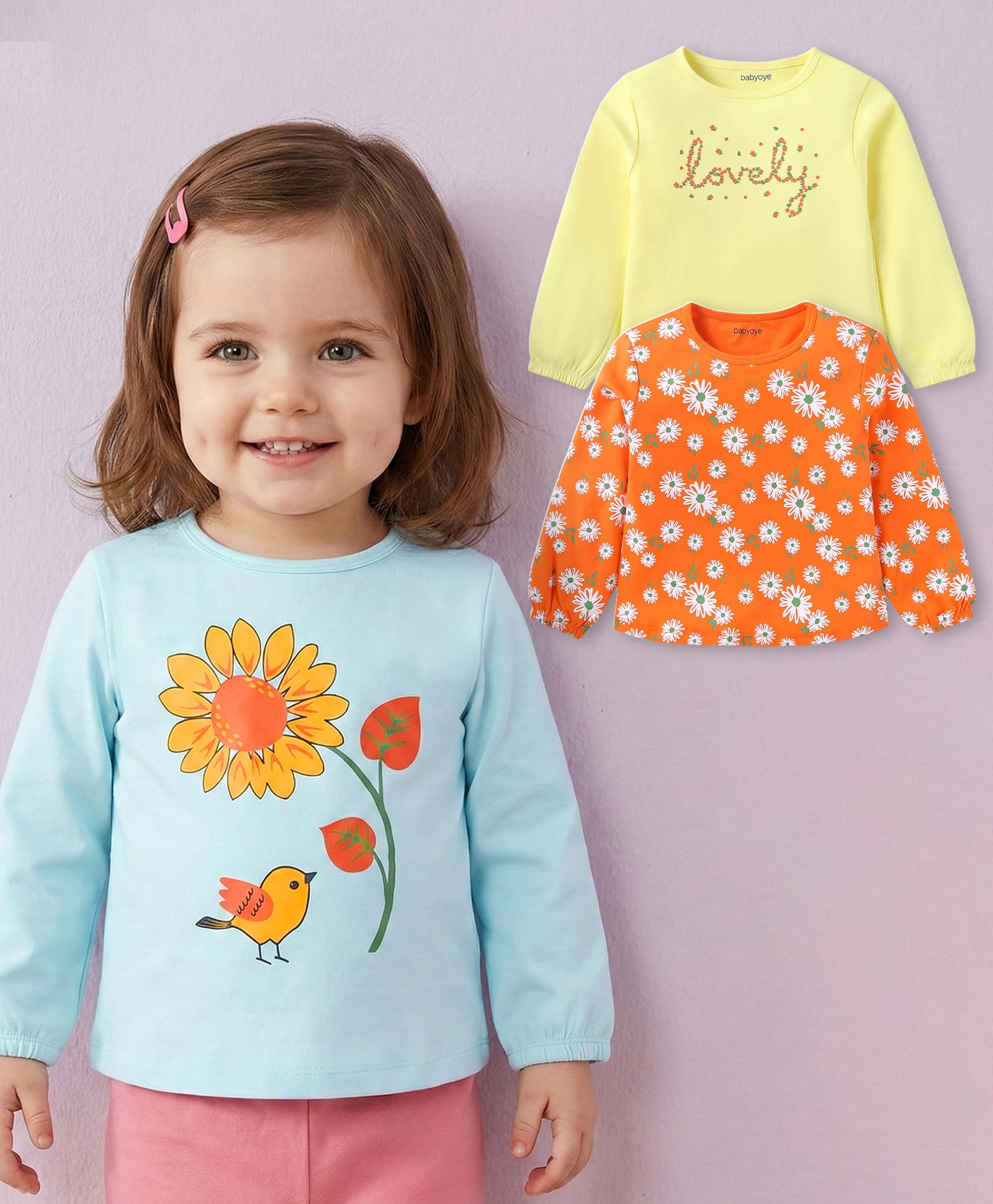 Babyoye Female 100% Cotton With Eco- Jiva Finish Full Sleeves Floral Printed Tops Pack of 3 - Yellow Light Blue & Orange-picture-10