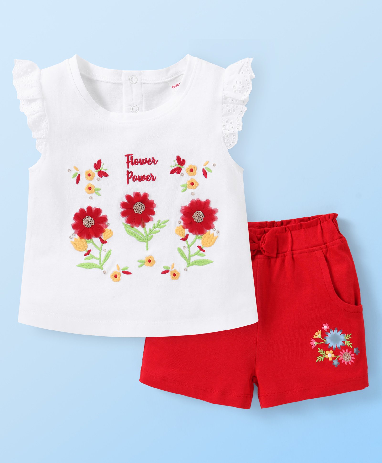 Babyhug Single Jersey Knit Frill Sleeves Top and Short Set With Floral Embroidery- White & Red-picture-12