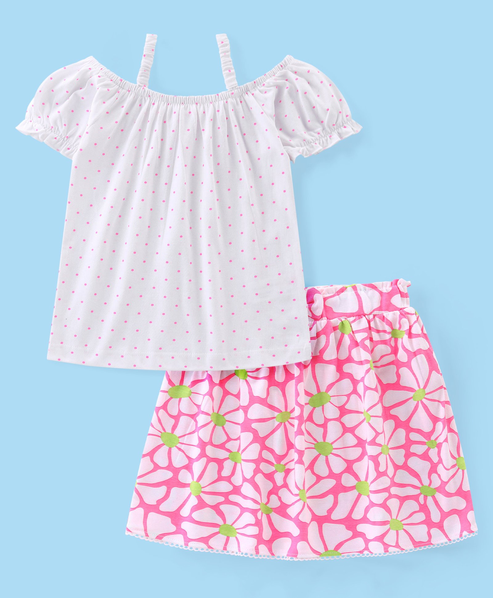 Babyhug Cotton Knit Polka Dots Singlet Top & Floral Printed Skirt Set - White-image-48