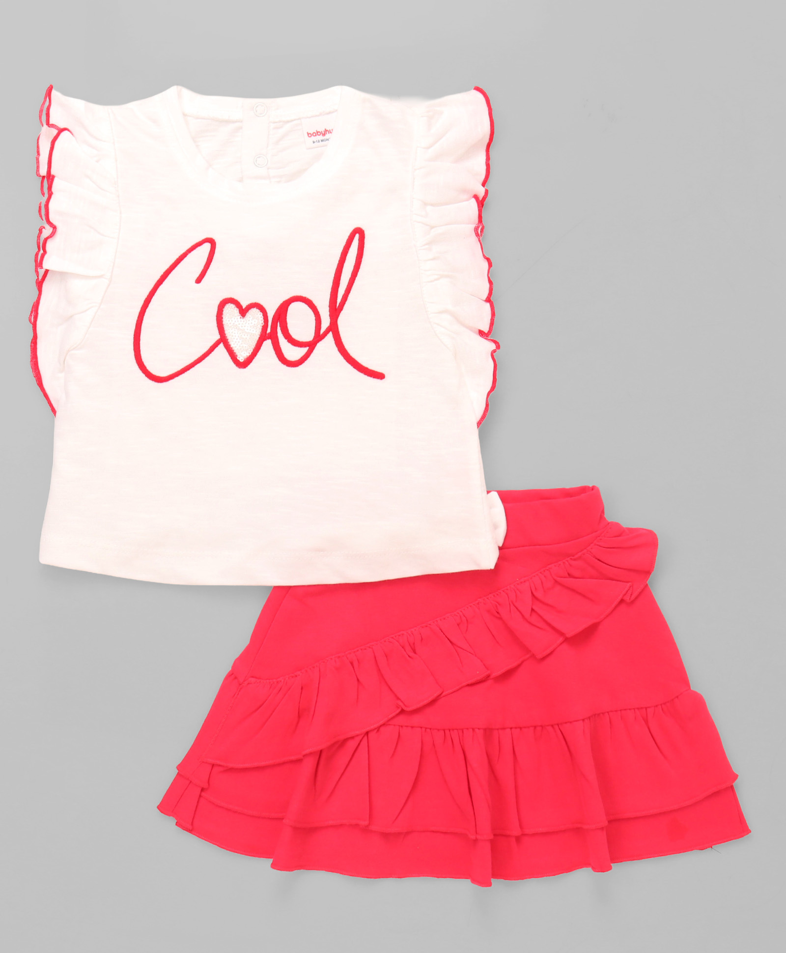 Babyhug Single Jersey Knit Frill Sleeves Top & Skirt Set with Text Print - White or Pink-picture-21