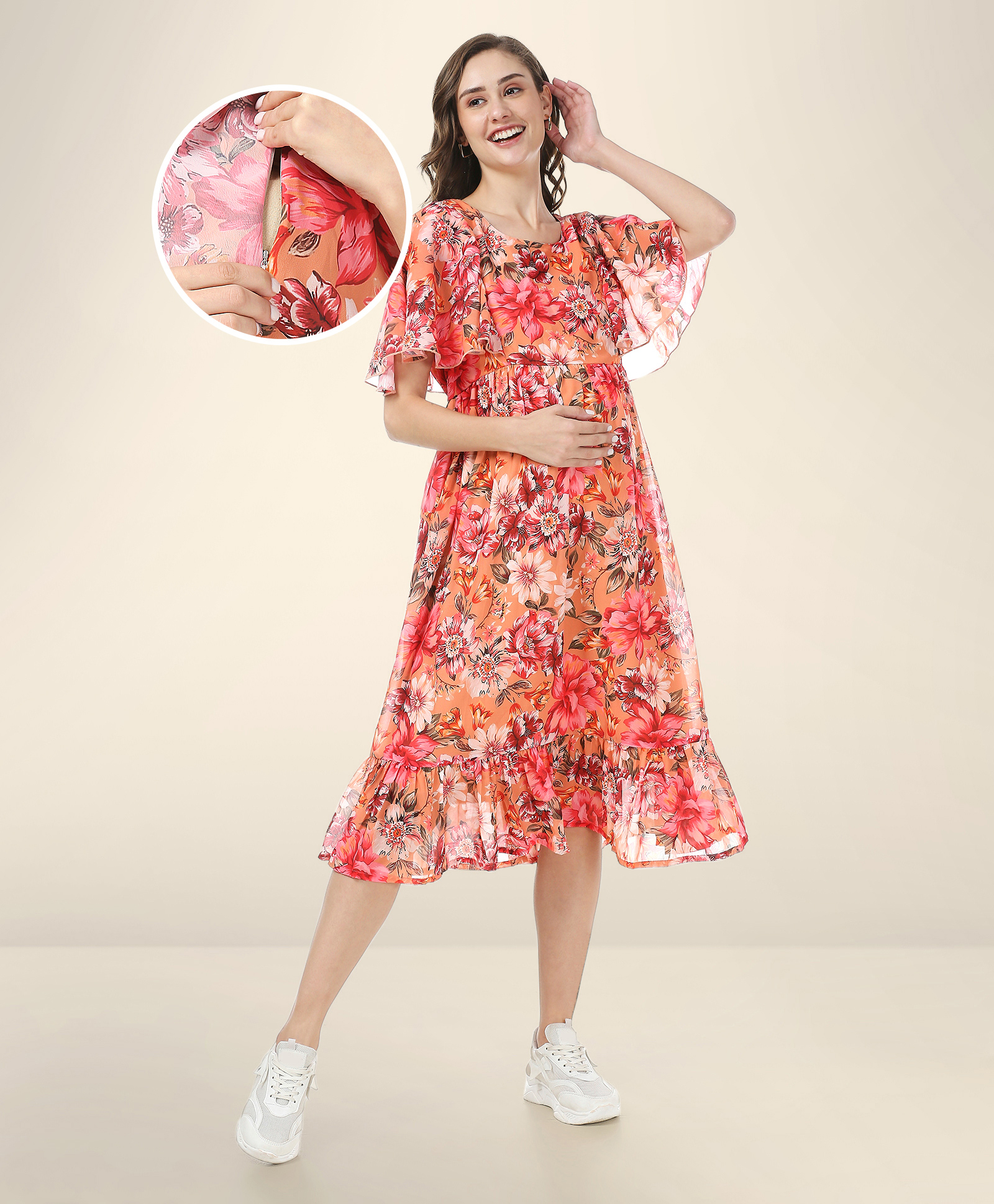 Bella Mama Woven Flutter Sleeves Maternity Dress Floral Print - Peach-image-39