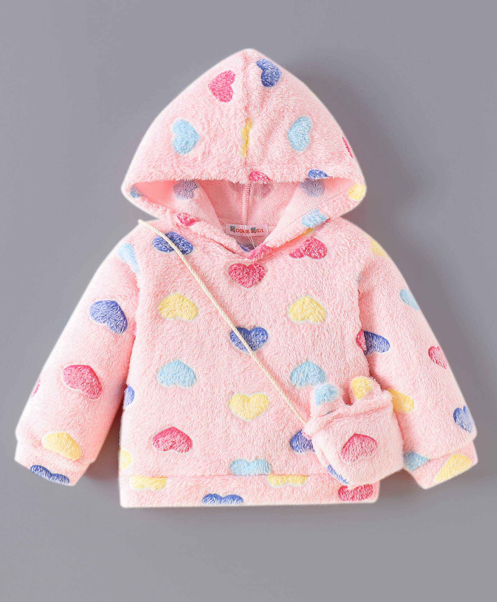 Kookie Kids Full Sleeves Hooded Sweat Shirt with Heart Design & Sling Bag - Pink-image-26