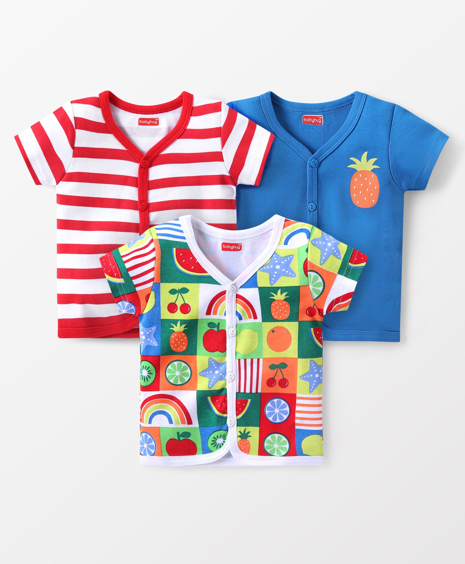 Babyhug 100% Cotton Knit Set of Vests with Striped & Tropical Print Pack of 3 - Multicolour-image-6