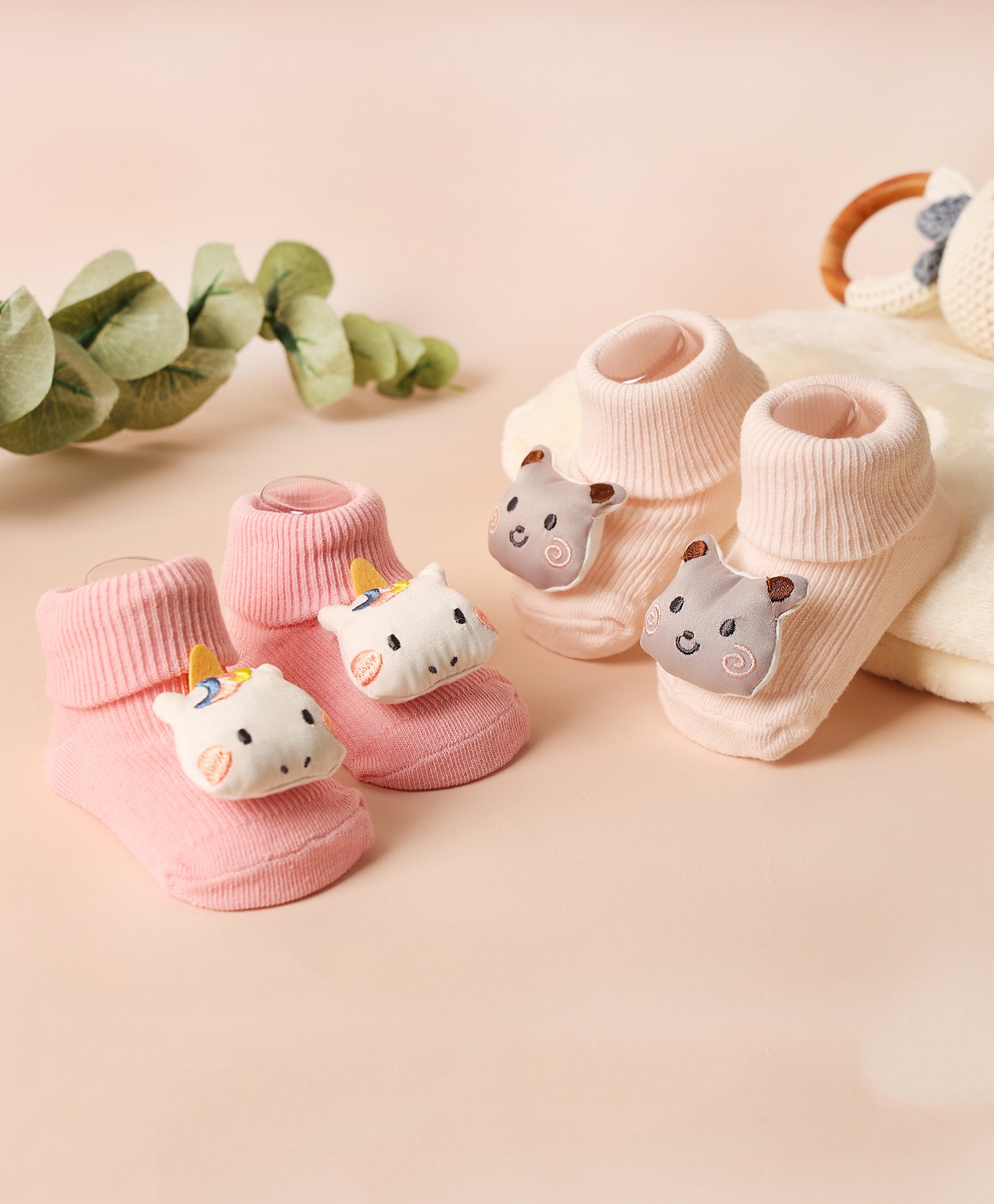 Kicks & Crawl Cotton Pack Of 2 Animal Applique Detailed Crawler Socks - Cream & Pink-picture-29