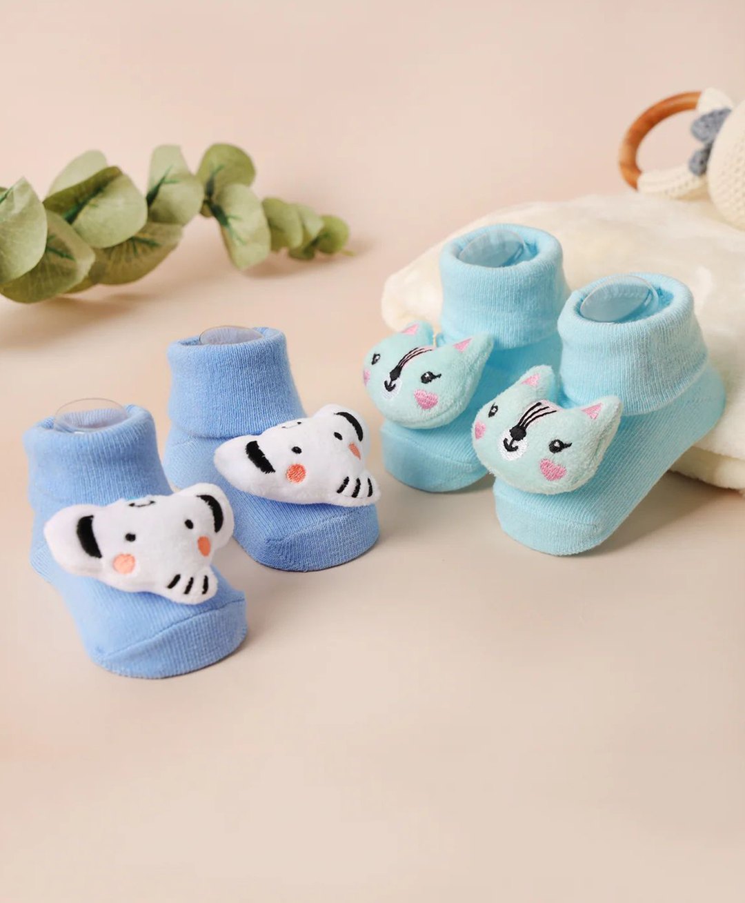 Kicks & Crawl Cotton Pack Of 2 Animal Applique Detailed Crawler Socks - Blue-image-17