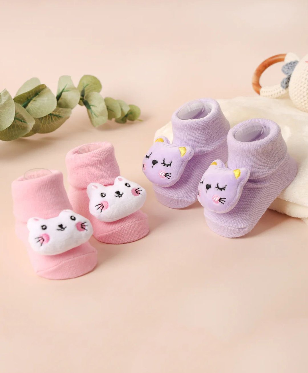 Kicks & Crawl Cotton Pack Of 2 Animal Applique Detailed Crawler Socks - Lavender & Pink-image-46