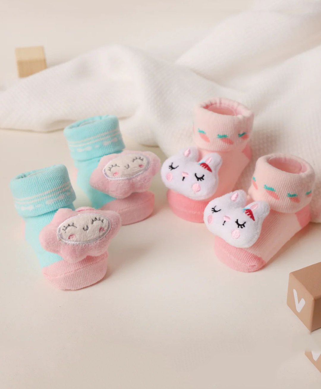 Kicks & Crawl Pack Of 2 Cotton Animal Applique Detailed Socks - Blue & Pink-image-4
